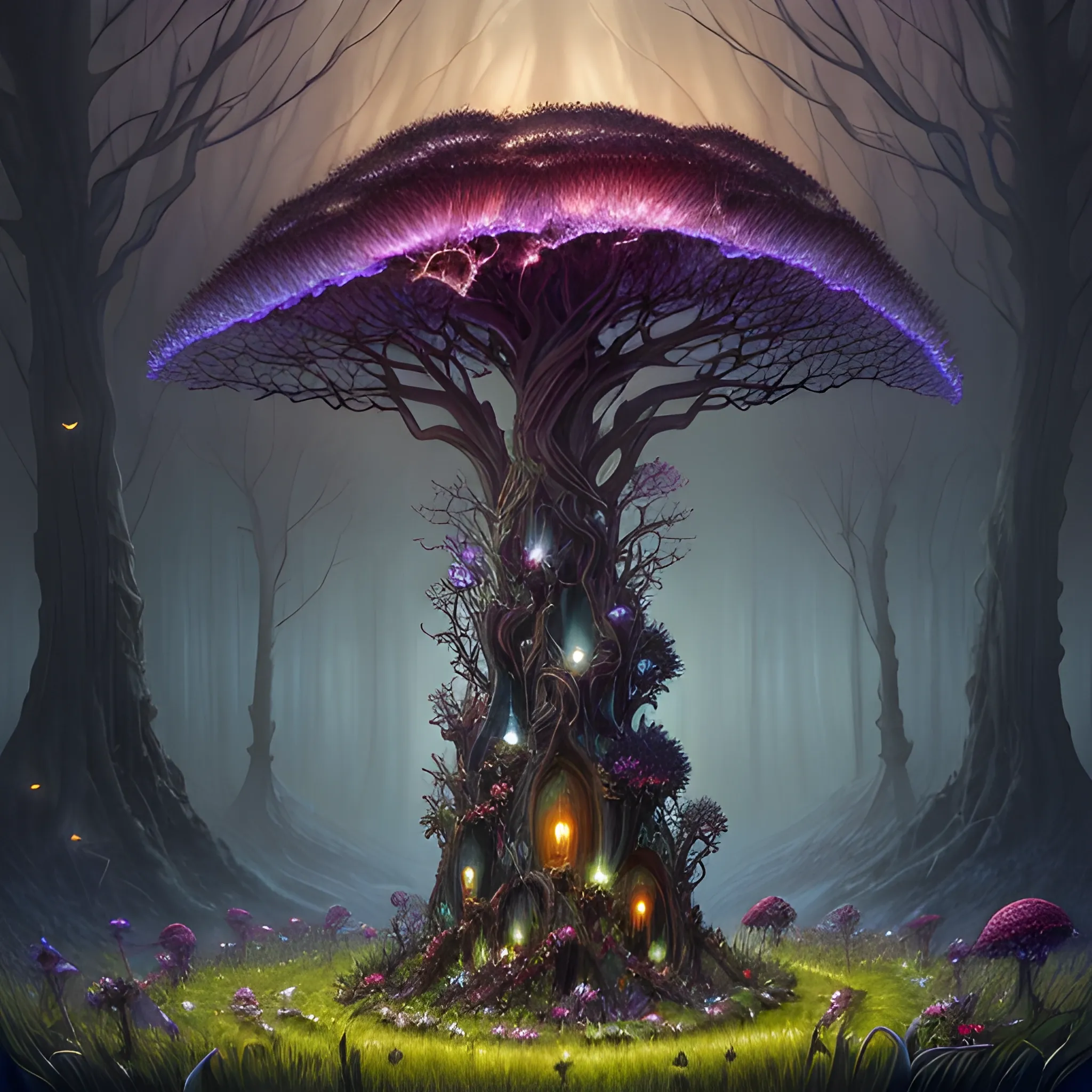 a beautiful digital landscape painting of a detailed gothic fantasy fireflies and roots, dark mushroom, flowers by benoit b. mandelbrot, steven belledin, martin johnson heade, lee madgwick, caspar david friedrich, and david rios ferreira. 8 k resolution trending on artstation concept art digital illustration , Trippy