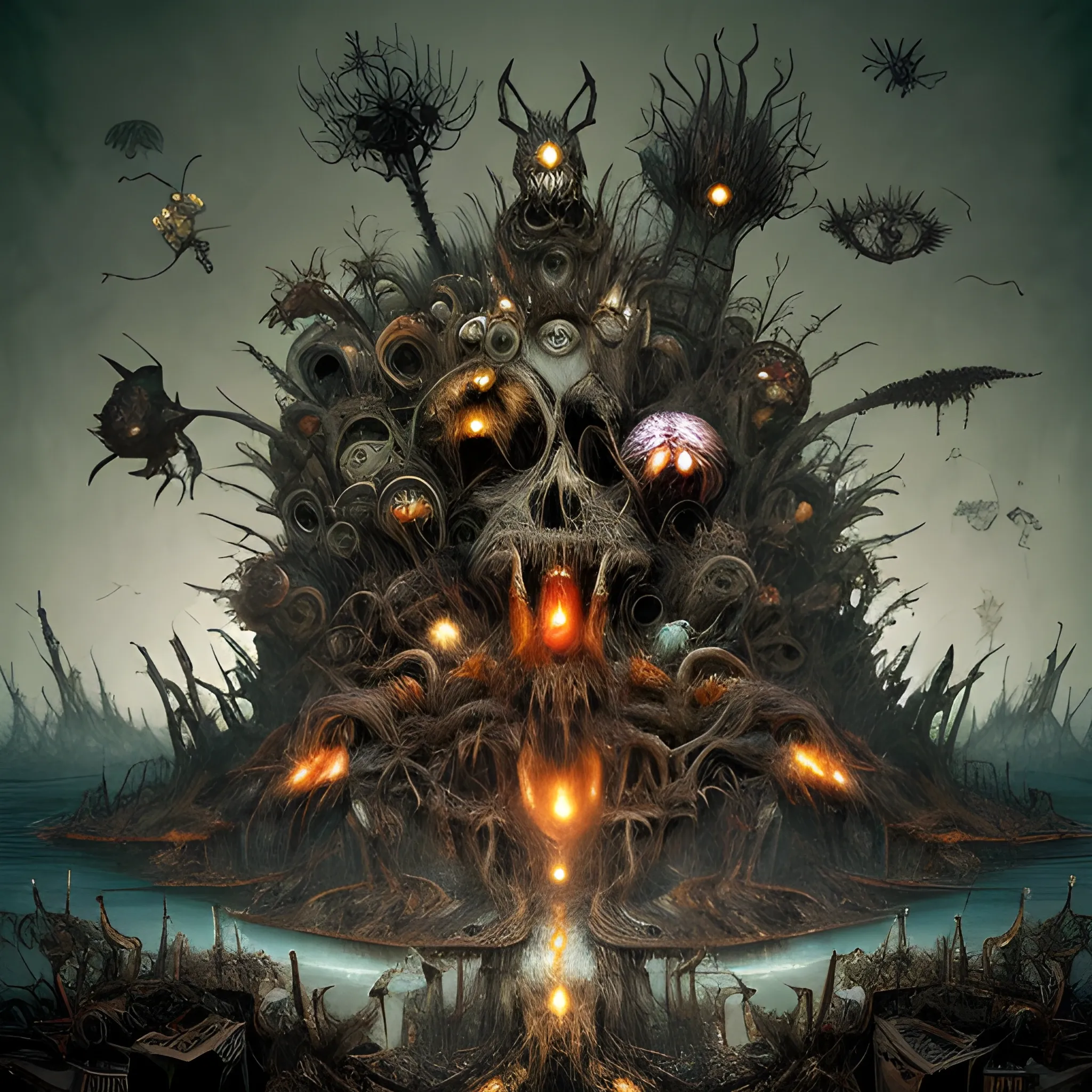 A chaotic, surreal landscape inspired by Dante’s Inferno and Hieronymus Bosch, filled with distorted animals, strange humanoid figures, and bizarre objects, all in random, vibrant colors. The scene depicts a twisted version of an underworld, where giant fish with human faces swim through rivers of fire, and winged creatures with skeletal bodies fly through a dark, smoky sky. In the background, towering structures made of bones and twisted metal loom over a barren wasteland filled with writhing human figures. Scattered objects like floating clocks, melting furniture, and oversized insects appear amidst the chaos. The lighting casts eerie, flickering shadows, giving the scene a nightmarish yet hyper-realistic quality, with intricate textures and disturbing yet fascinating details, Trippy