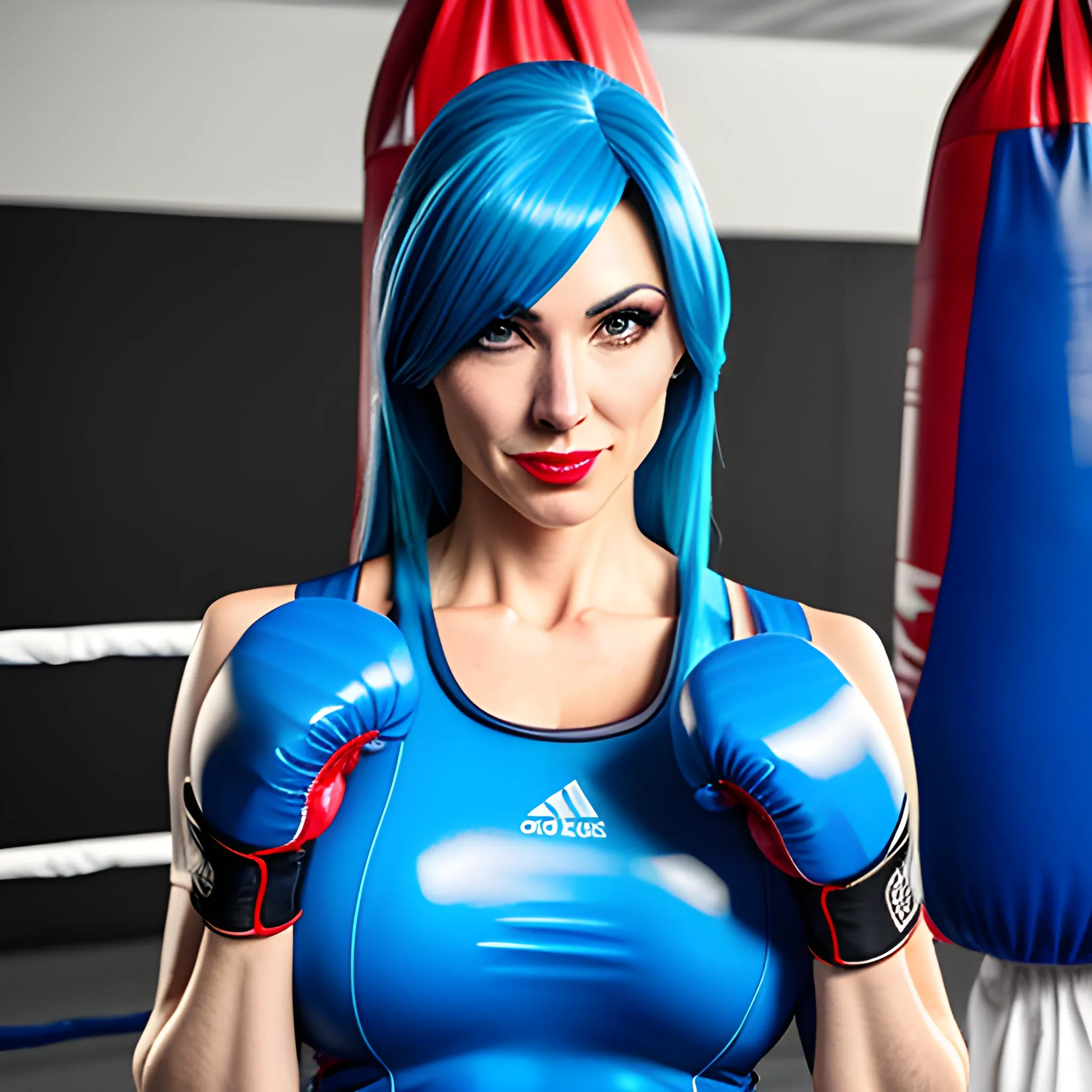 A girl is wearing a blue cosplay suit, she is wearing boxing gloves in a boxing gym, ultra high definition quality
