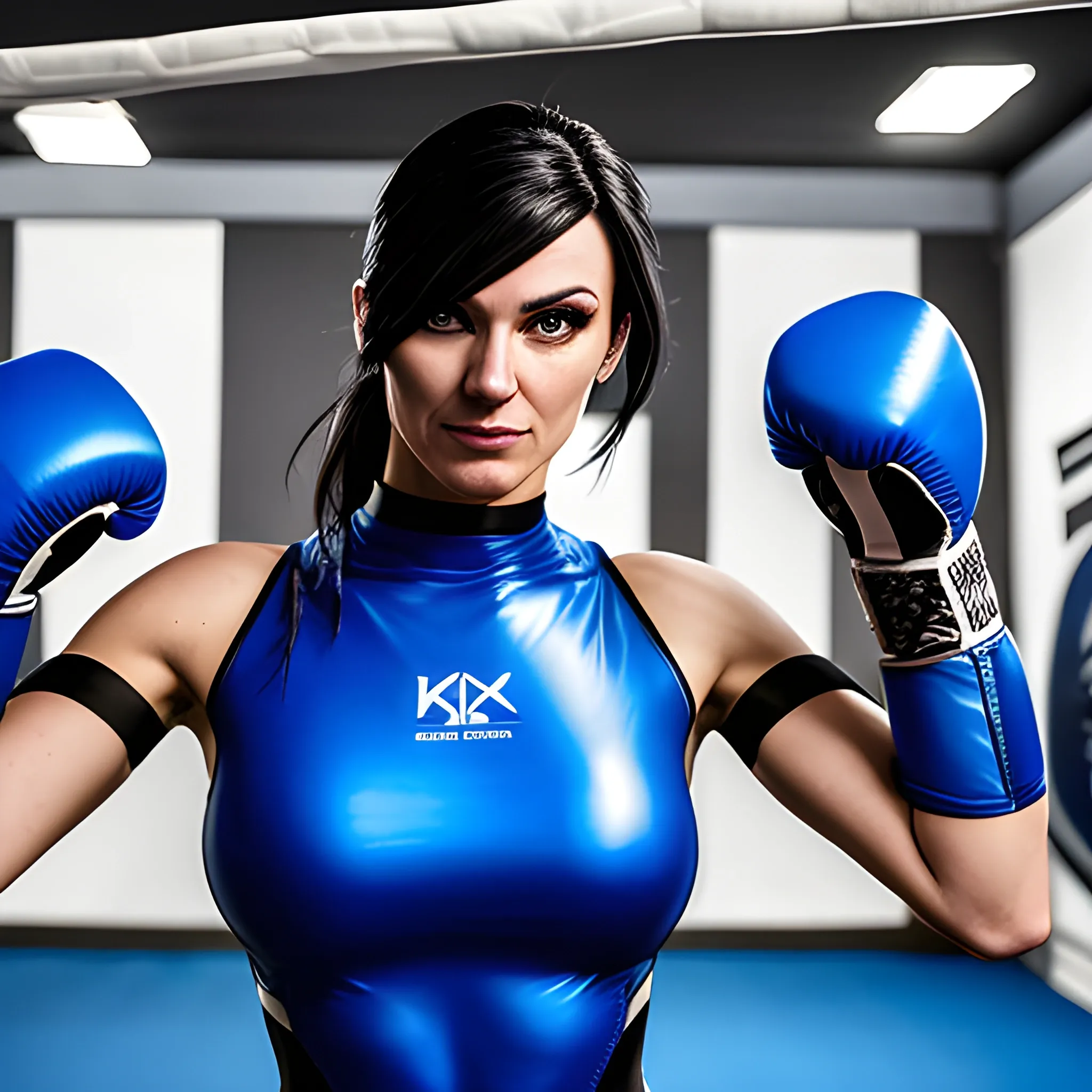 A girl is wearing a blue cosplay suit, she is wearing boxing gloves in a boxing gym, ultra high definition quality
