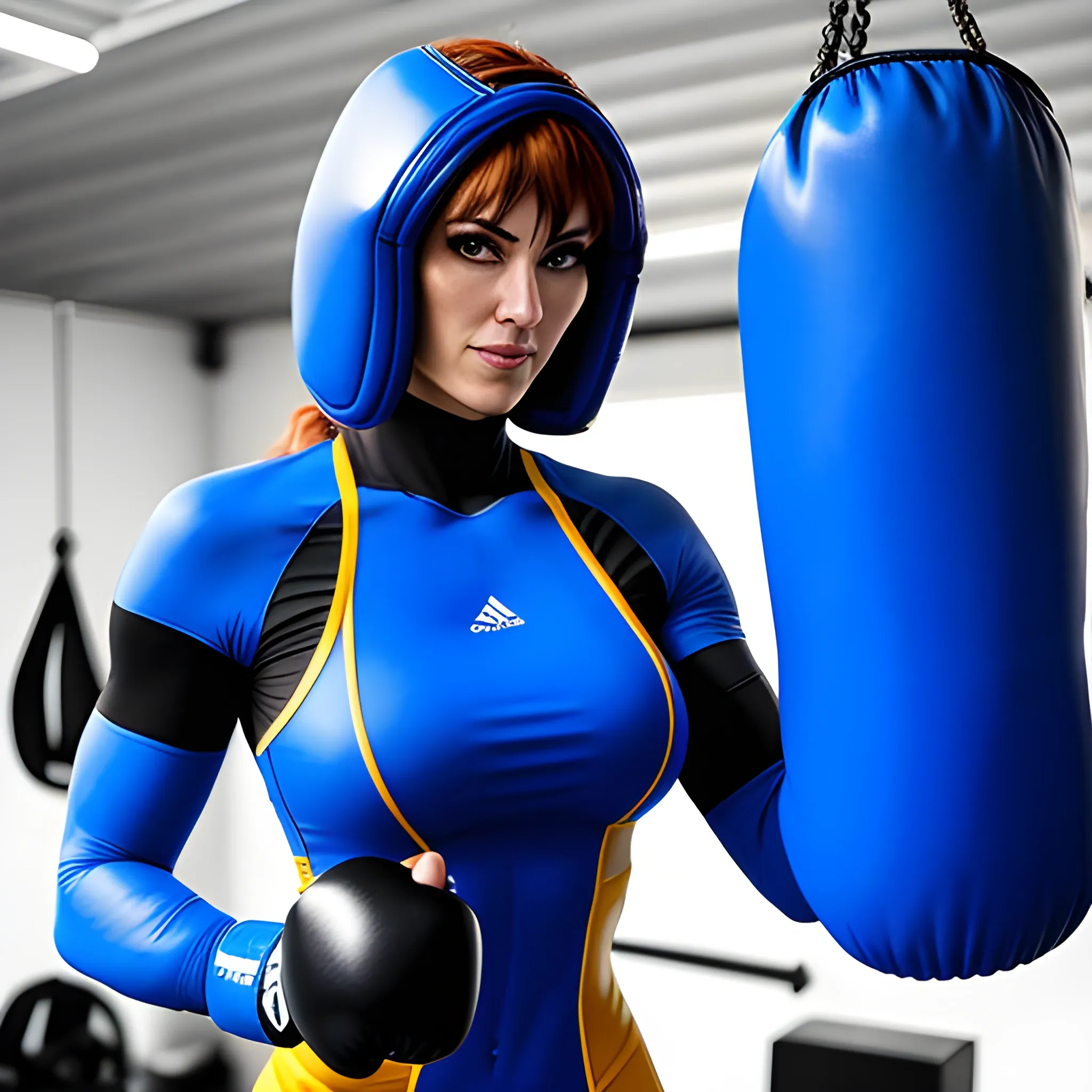 A girl is wearing a blue cosplay suit, she is wearing boxing gloves in a boxing gym, ultra high definition quality
