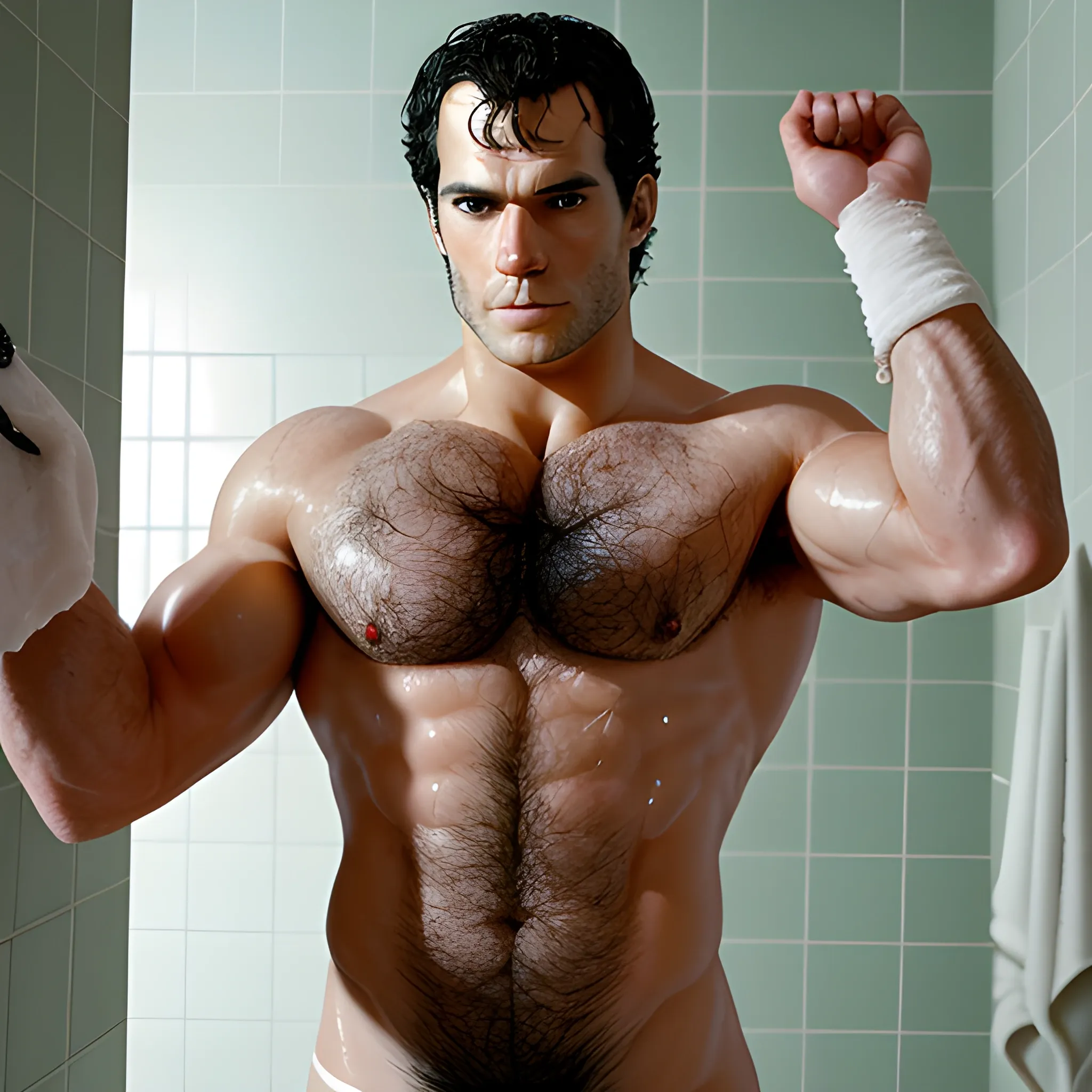 Henry Cavill hot hairy abs balls and shaft coming out of the shower uncensored full body picture