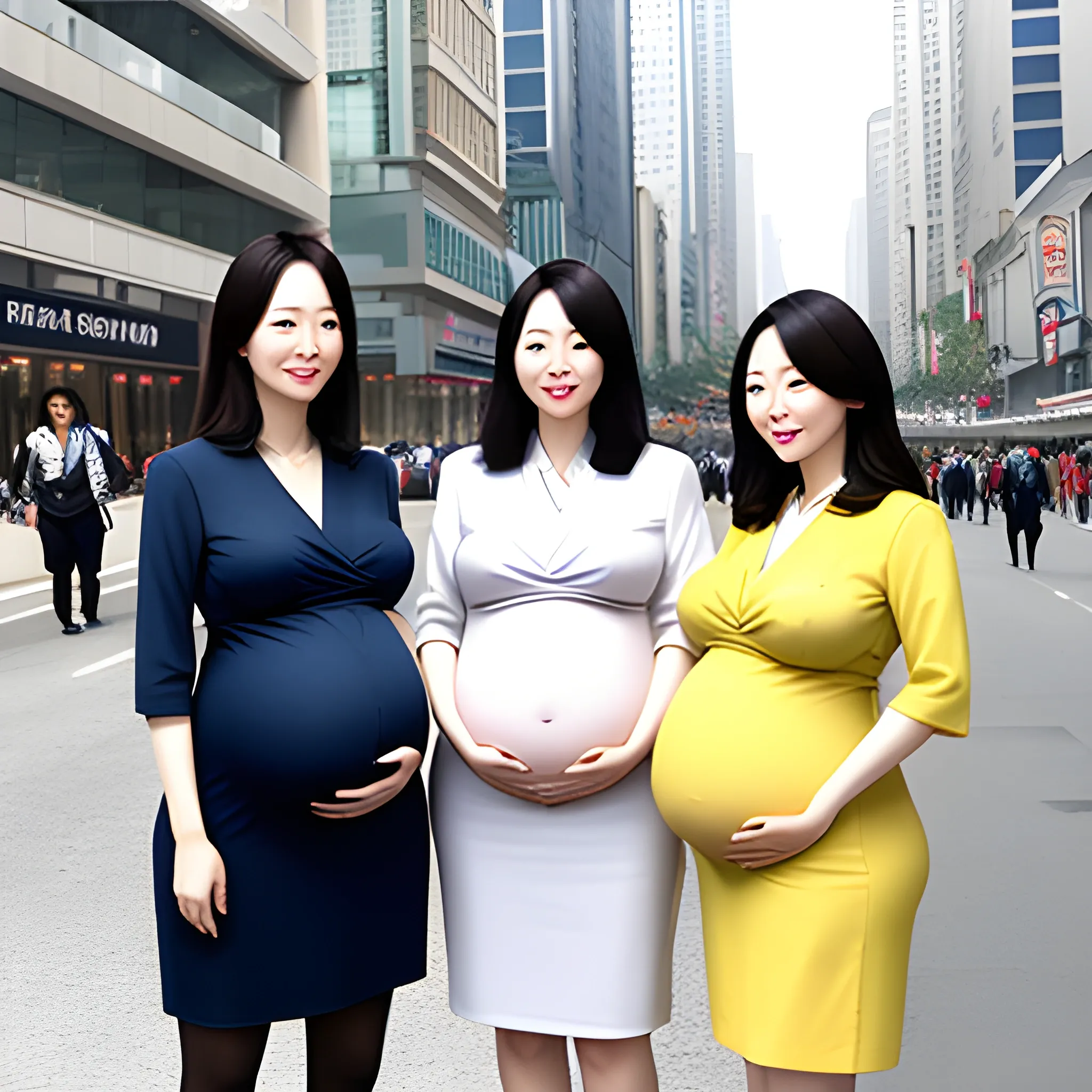 3 Young Korean women pregnant with triplets standing in a city