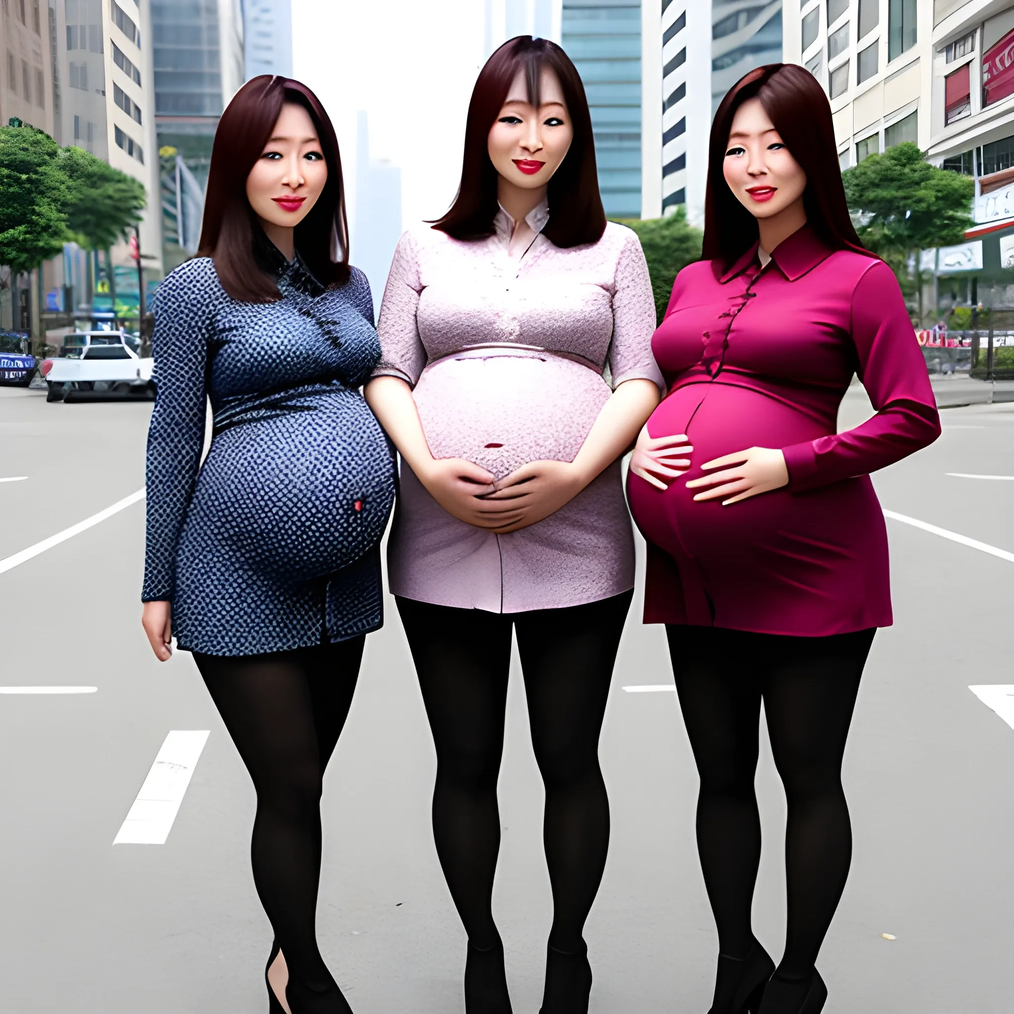 3 Young Korean women pregnant with triplets standing in a city