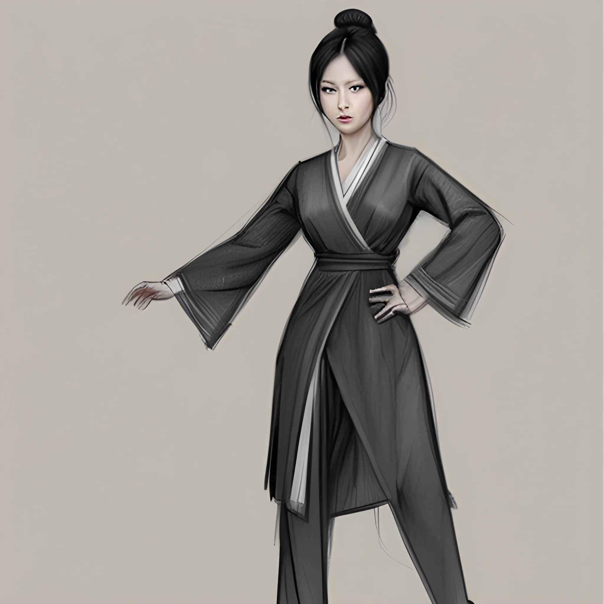 Draw a beautiful asian woman, standing and posing style digital painting, Pencil Sketch