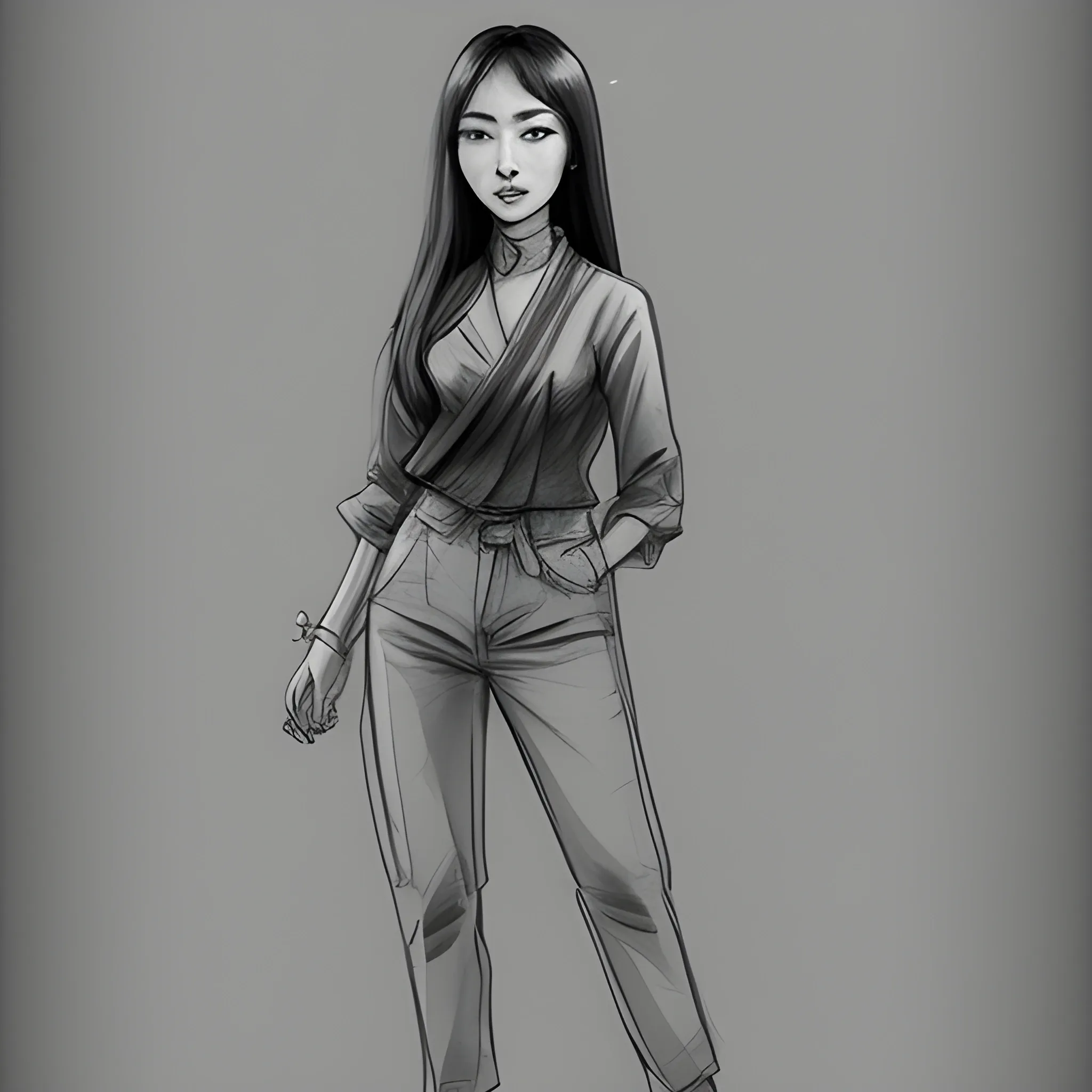 Draw a beautiful asian woman, standing and posing style digital painting, Pencil Sketch, Cartoon