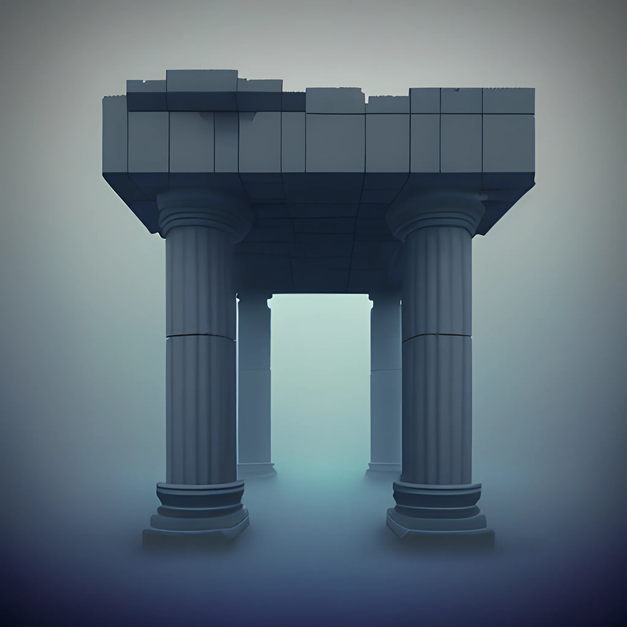 Image is a digital artwork with a pixelated style, featuring a mysterious and atmospheric scene. The layout consists of three dark, blocky structures resembling ancient pillars or ruins, set against a misty, abstract background. The structures are composed of dark shades of blue and gray, with lighter blue accents that suggest glowing elements or lights. The background is a gradient of muted grays and blues, creating a foggy, ethereal ambiance. The overall composition is symmetrical, with the pillars evenly spaced across the image, and the pixelated texture adds a retro, video game-like aesthetic to the scene.