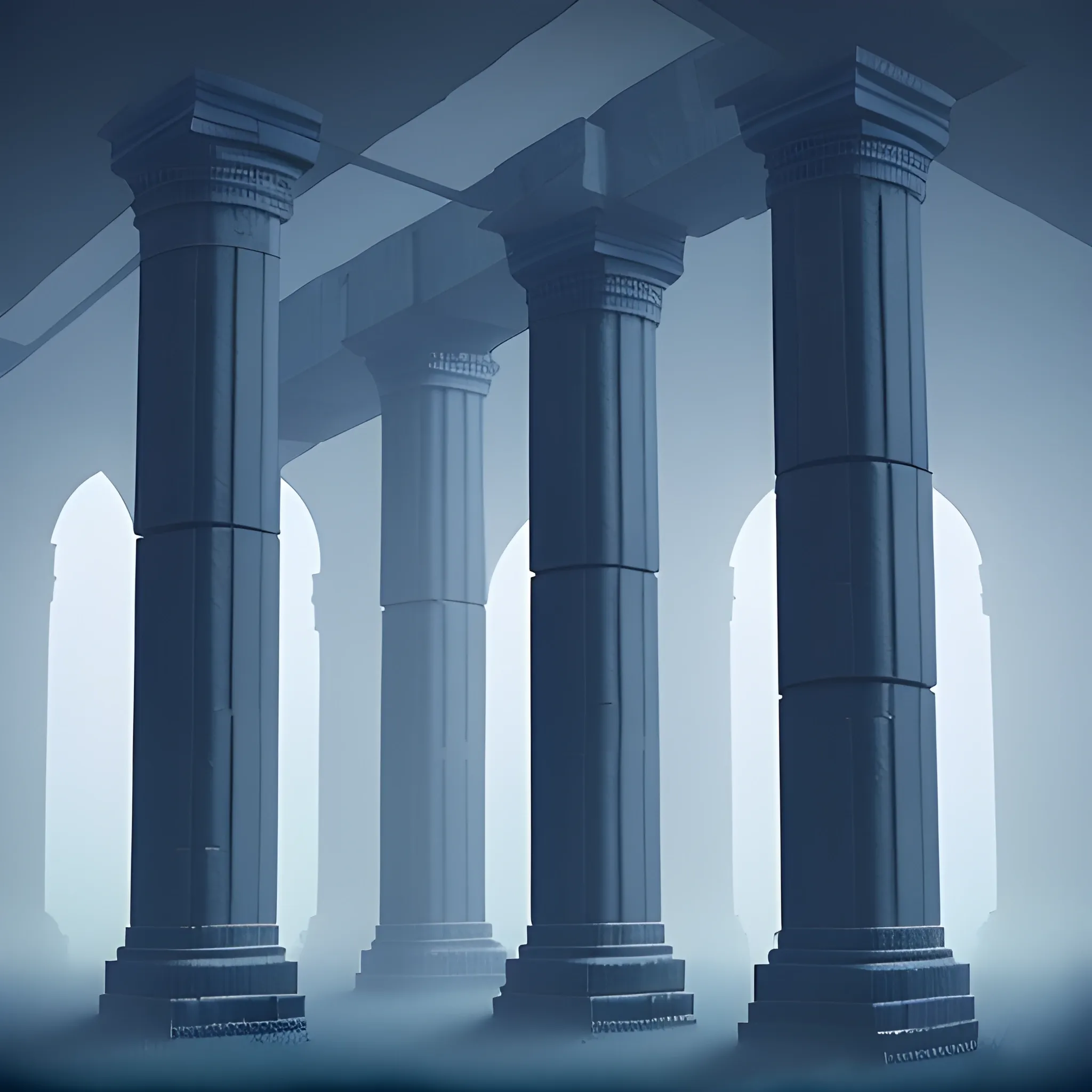 Image is a digital artwork with a pixelated style, featuring a mysterious and atmospheric scene. The layout consists of three dark, blocky structures resembling ancient pillars or ruins, set against a misty, abstract background. The structures are composed of dark shades of blue and gray, with lighter blue accents that suggest glowing elements or lights. The background is a gradient of muted grays and blues, creating a foggy, ethereal ambiance. The overall composition is symmetrical, with the pillars evenly spaced across the image, and the pixelated texture adds a retro, video game-like aesthetic to the scene.