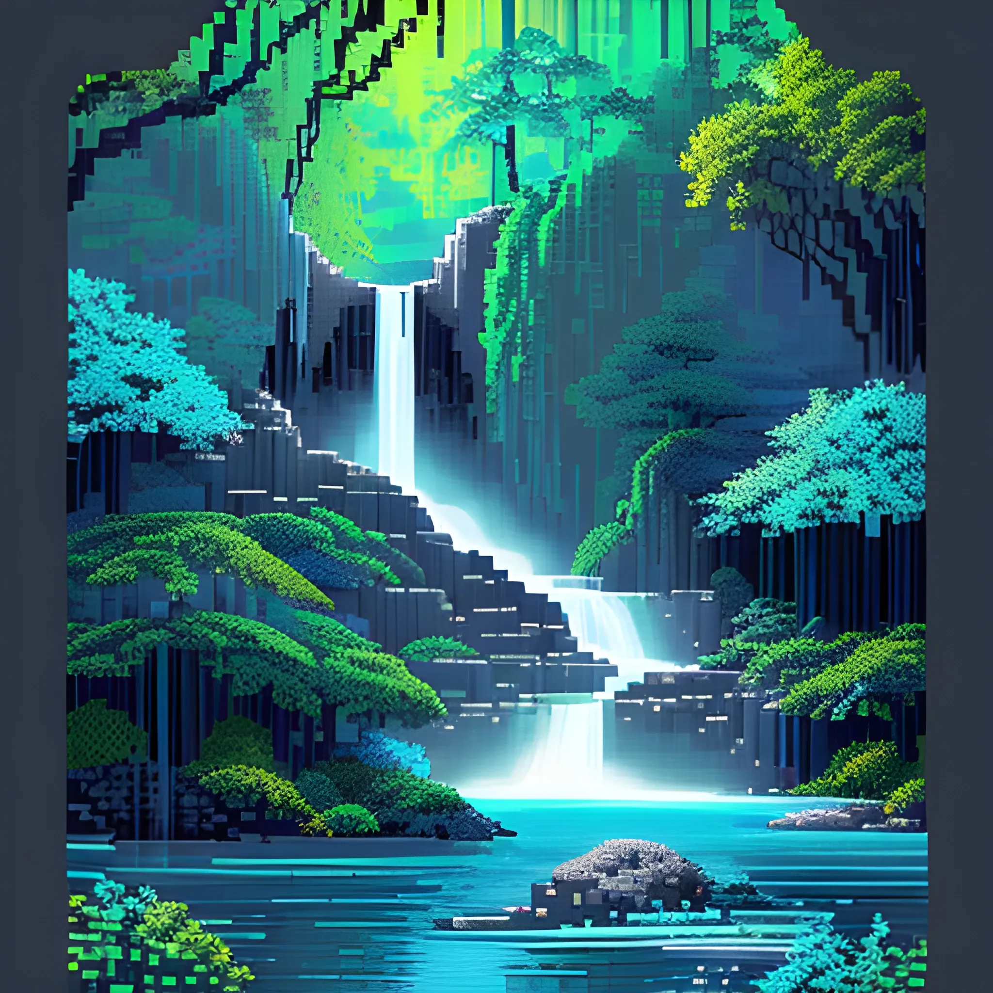 Image is a pixel art style digital illustration depicting a serene, mystical landscape. The layout features a vertical composition with a focus on a cascading waterfall on the left, rendered in shades of blue and white pixels, creating a luminous effect. The waterfall flows down a series of pixelated steps, surrounded by dark, blocky rock formations and dense clusters of pixelated trees, which are depicted in various shades of dark green and blue, adding depth and texture. The background is a deep, dark blue, enhancing the contrast and highlighting the waterfall. The scene conveys a tranquil, otherworldly atmosphere, with subtle pixelated details suggesting a forested environment. No text or logos are present in the image.