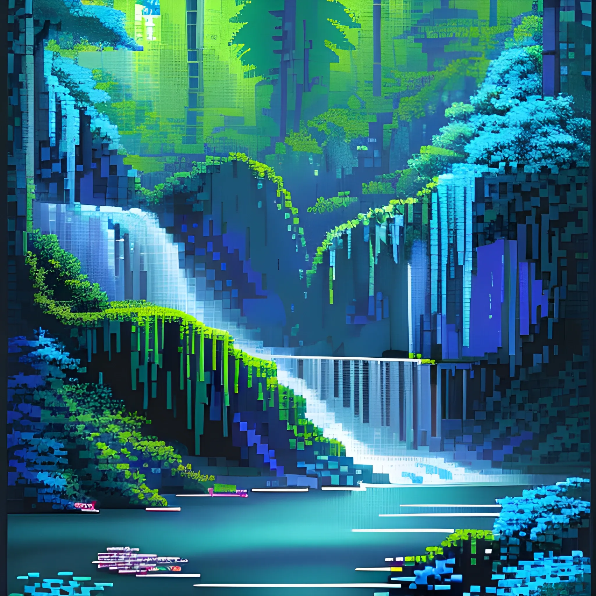 Image is a pixel art style digital illustration depicting a serene, mystical landscape. The layout features a vertical composition with a focus on a cascading waterfall on the left, rendered in shades of blue and white pixels, creating a luminous effect. The waterfall flows down a series of pixelated steps, surrounded by dark, blocky rock formations and dense clusters of pixelated trees, which are depicted in various shades of dark green and blue, adding depth and texture. The background is a deep, dark blue, enhancing the contrast and highlighting the waterfall. The scene conveys a tranquil, otherworldly atmosphere, with subtle pixelated details suggesting a forested environment. No text or logos are present in the image.