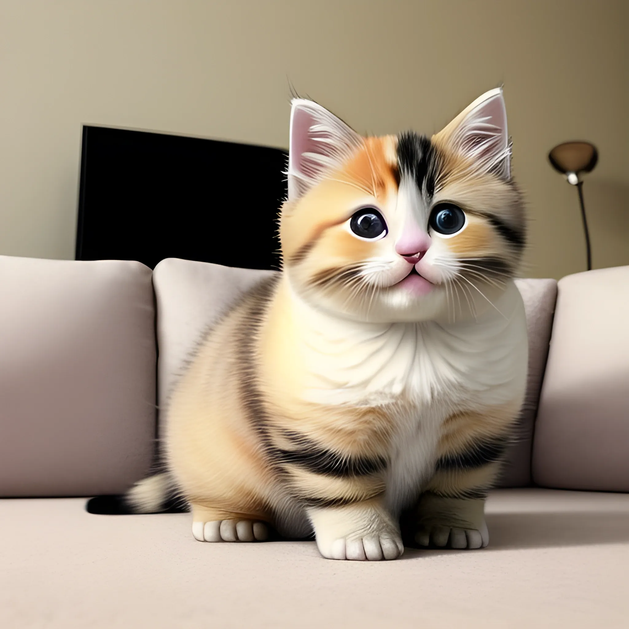 A chubby and adorable kitten with a seven-colored fur is sitting on the sofa.spreading its feet, placing its hands on its stomach, with its legs crossed behind its body, a big belly, a chubby face, a round belly, soft fur, and very cute. The background is a beige sofa and beige walls. In an indoor environment, this photo was taken using a Canon EOS R5 camera with a standard lens. It has high resolution and natural lighting.realistic, 8k,, Oil Painting