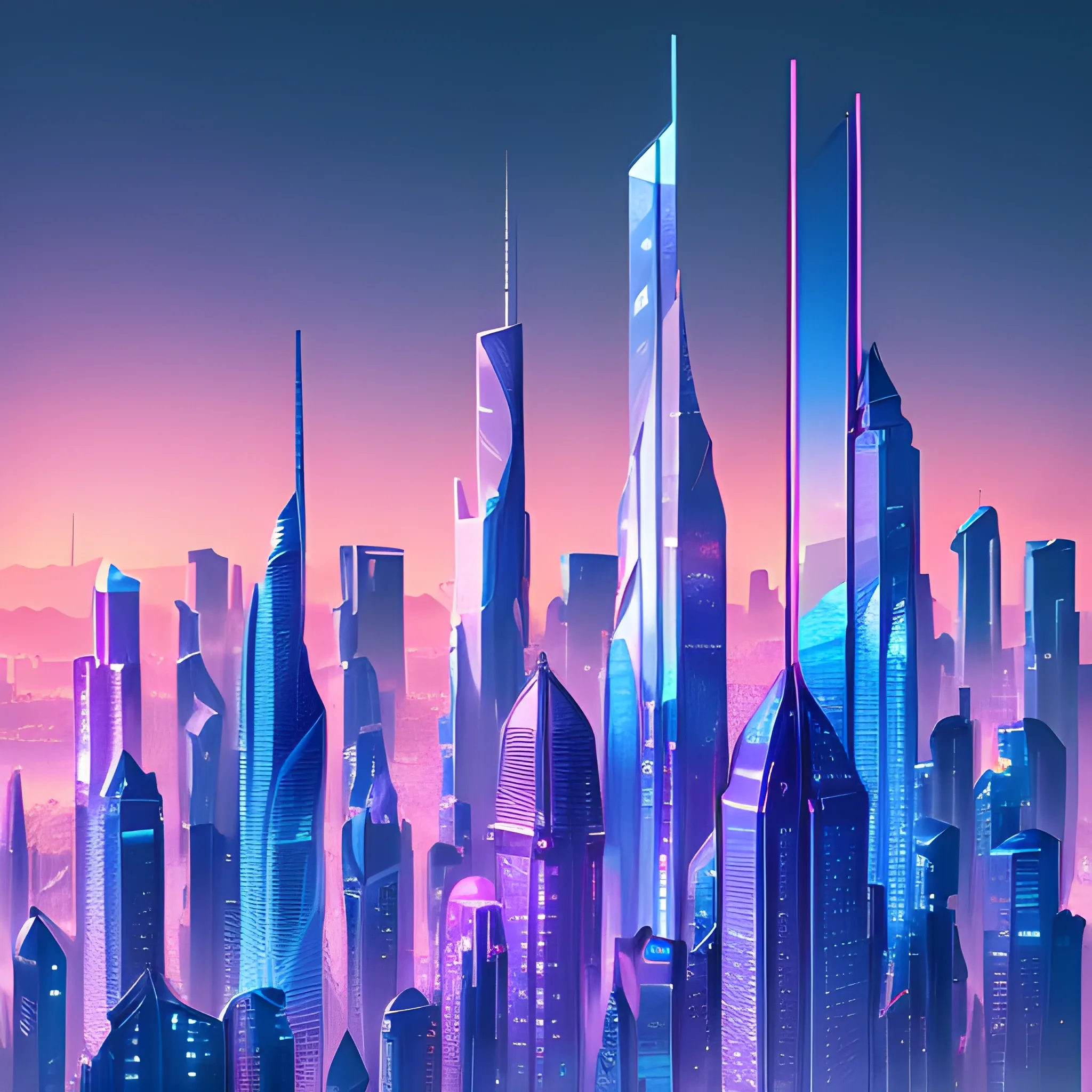 A dynamic, futuristic cityscape at sunset with sleek skyscrapers and neon lights reflecting off glass surfaces. Incorporate subtle hints of technology like holographic displays or flying drones in the distance. The overall mood should convey innovation, speed, and market validation. Include abstract elements suggesting project development and time optimization. Ensure the color palette is vibrant yet professional, with shades of blue and purple dominating the scene to represent trust and creativity.