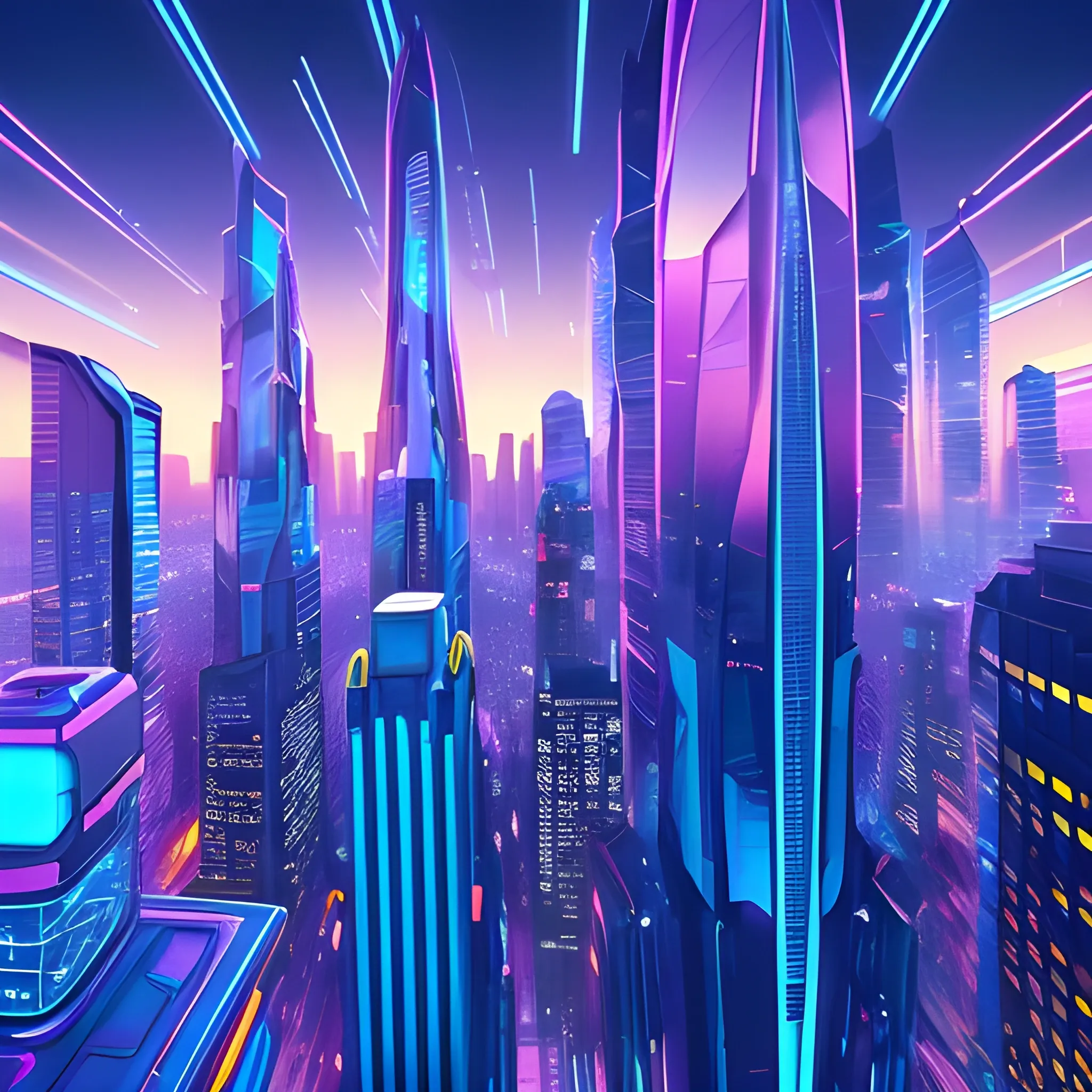 A dynamic, futuristic cityscape at sunset with sleek skyscrapers and neon lights reflecting off glass surfaces. Incorporate subtle hints of technology like holographic displays or flying drones in the distance. The overall mood should convey innovation, speed, and market validation. Include abstract elements suggesting project development and time optimization. Ensure the color palette is vibrant yet professional, with shades of blue and purple dominating the scene to represent trust and creativity. Relation: 16x9