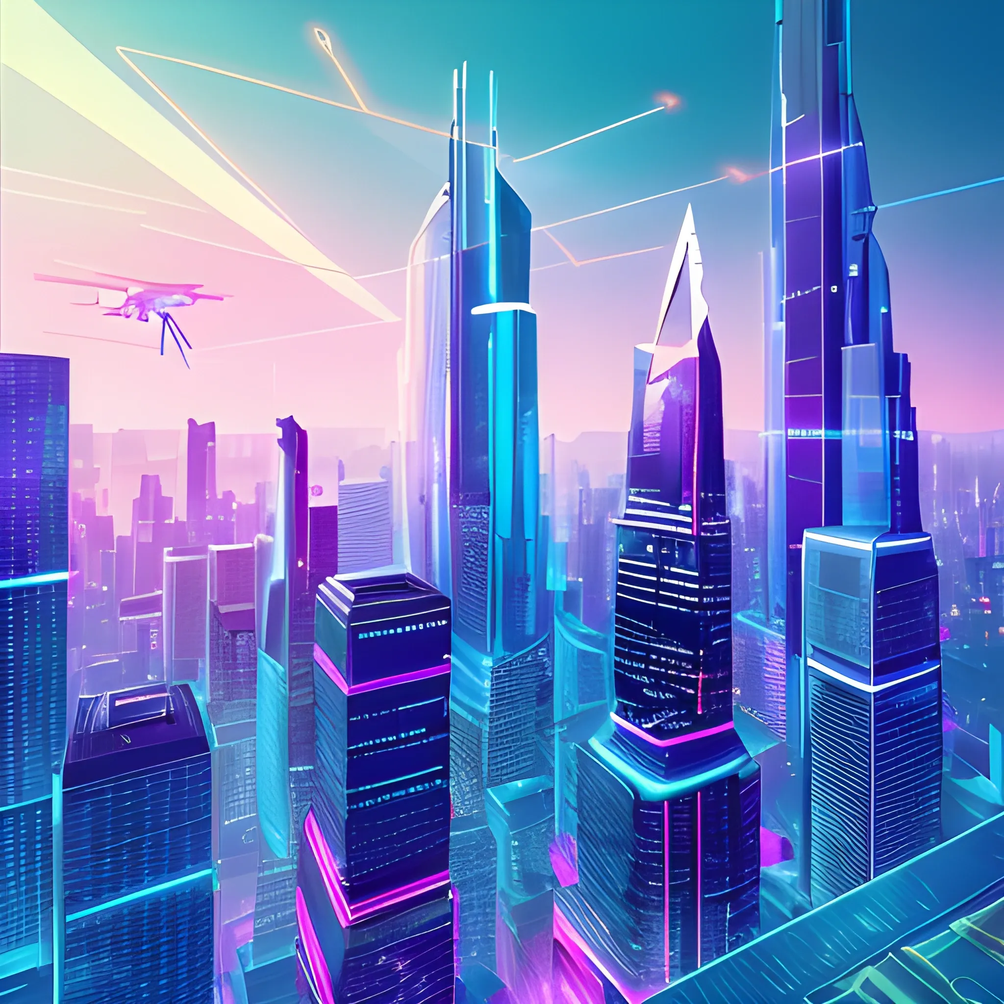 A dynamic, futuristic cityscape at sunset with sleek skyscrapers and neon lights reflecting off glass surfaces. Incorporate subtle hints of technology like holographic displays or flying drones in the distance. The overall mood should convey innovation, speed, and market validation. Include abstract elements suggesting project development and time optimization. Ensure the color palette is vibrant yet professional, with shades of blue and purple dominating the scene to represent trust and creativity.
{
    "width": 1920,
    "height": 1080,
}