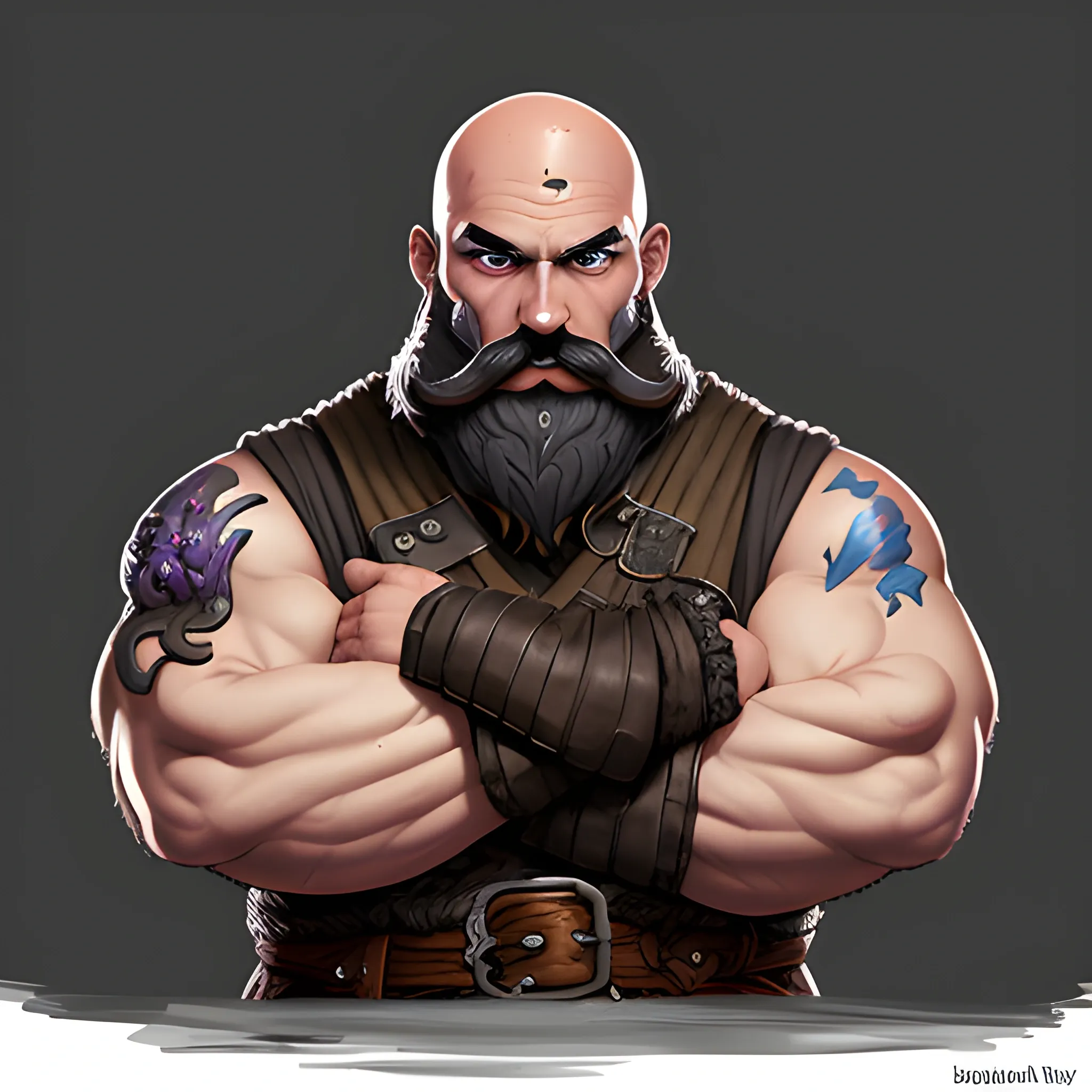 Burly Human, Bald, Bushy black moustache, Muscular body, Fantasy clothing, dungeons and dragons wizards of the coast illustration, detailed, concept art, sharp focus, illustration, tavern brawler