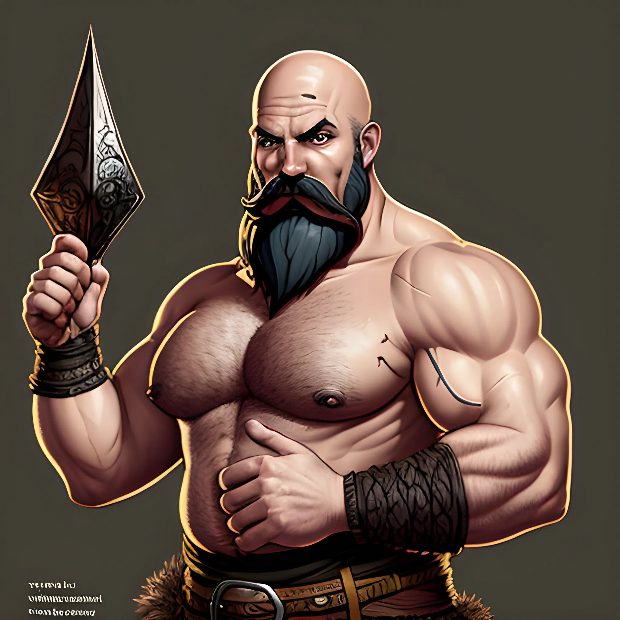 Burly Human, Bald, Bushy black moustache, Muscular body, Fantasy clothing, dungeons and dragons wizards of the coast illustration, detailed, concept art, sharp focus, illustration, tavern brawler