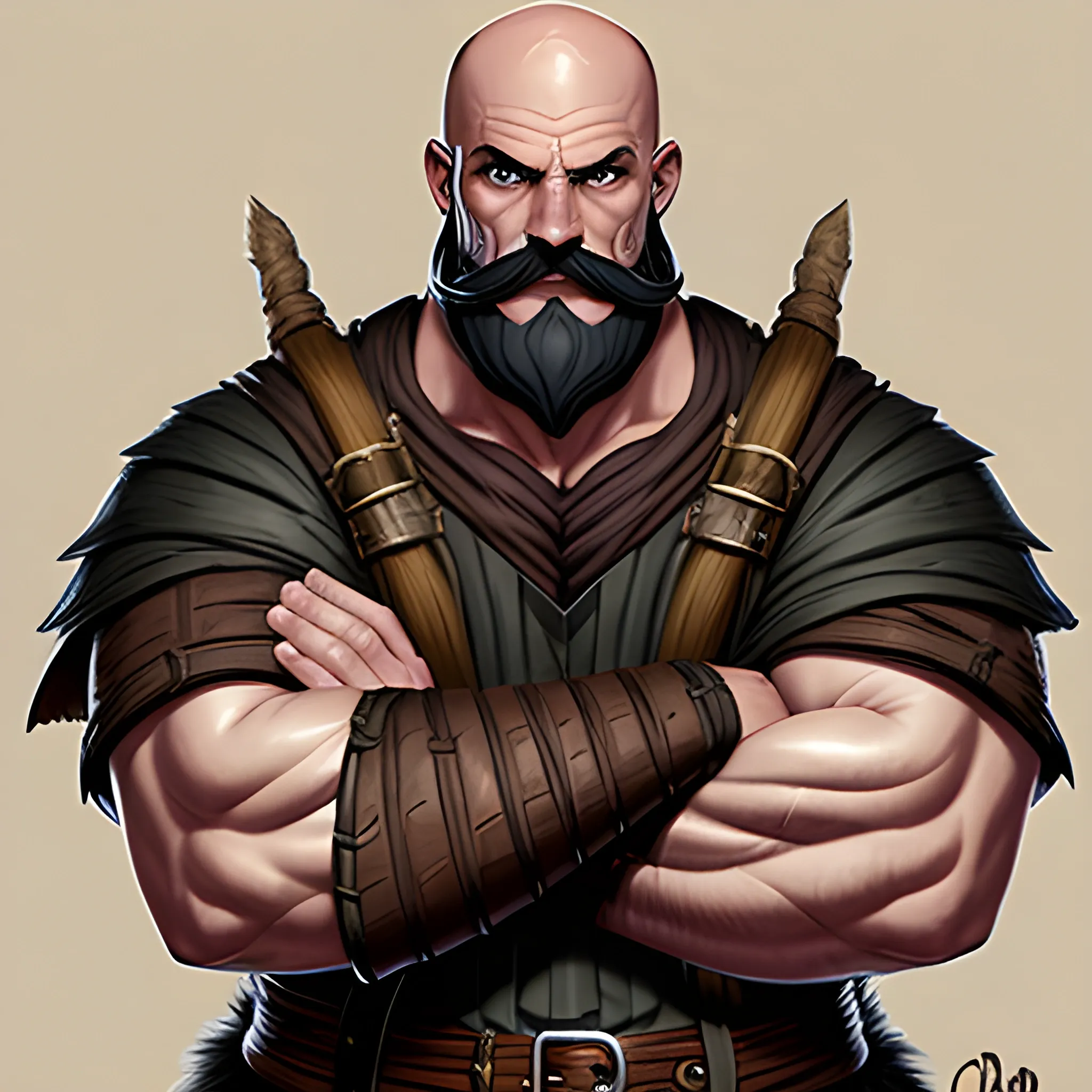 Burly Human, Bald, Bushy black moustache, Muscular body, Fantasy clothing, dungeons and dragons wizards of the coast illustration, detailed, concept art, sharp focus, illustration, tavern brawler, crossed arms