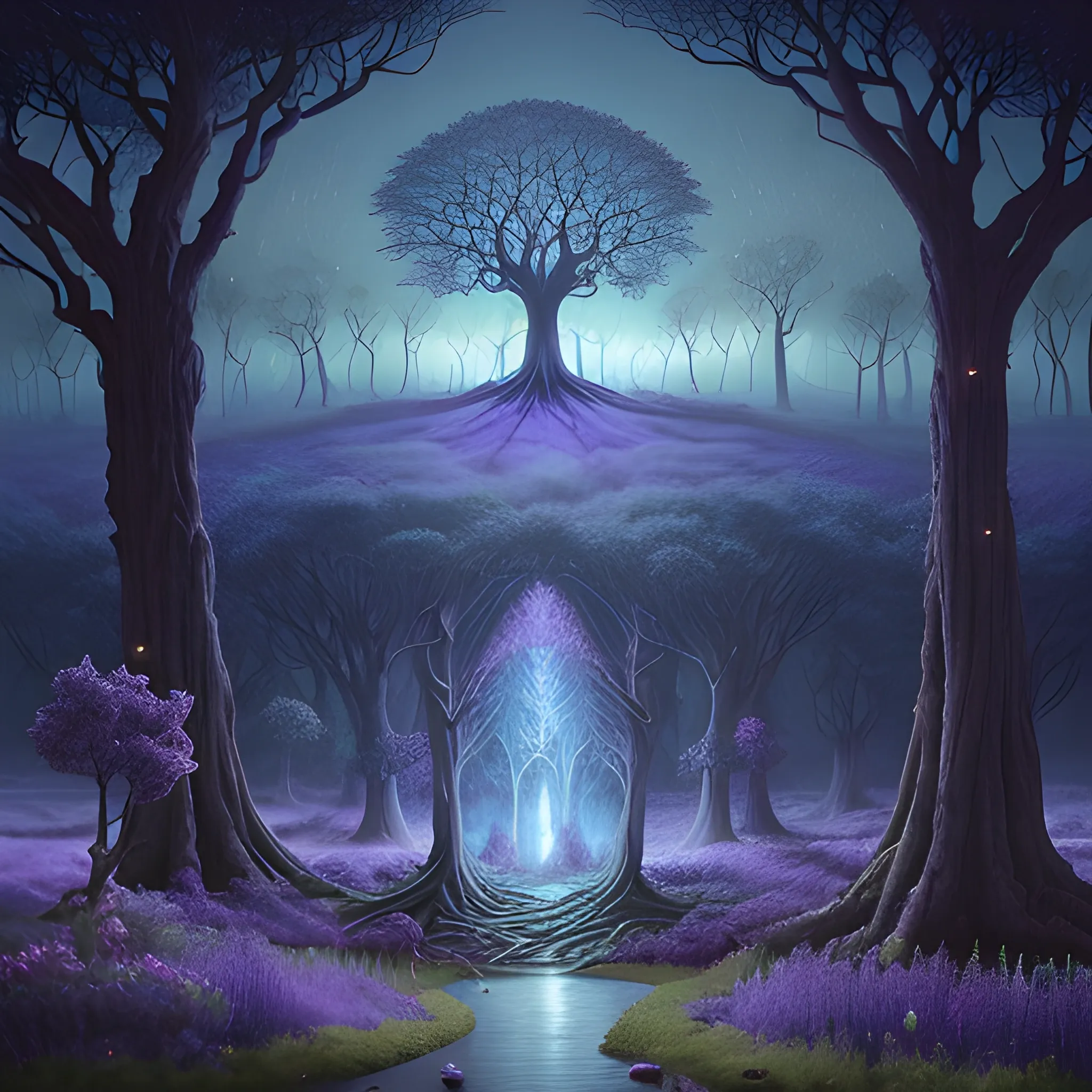 A beautiful digital landscape painting of a detailed gothic fantasy with fireflies and roots, a dark tree and flowers by Benoit B. A distant dimensional portal, with blue and violet colors.mandelbrot, steven belledin, martin johnson heade, lee madgwick, caspar david friedrich and david rios ferreira. 8k resolution, trend in artstation concept art digital illustration, hyperrealistc, Trippy