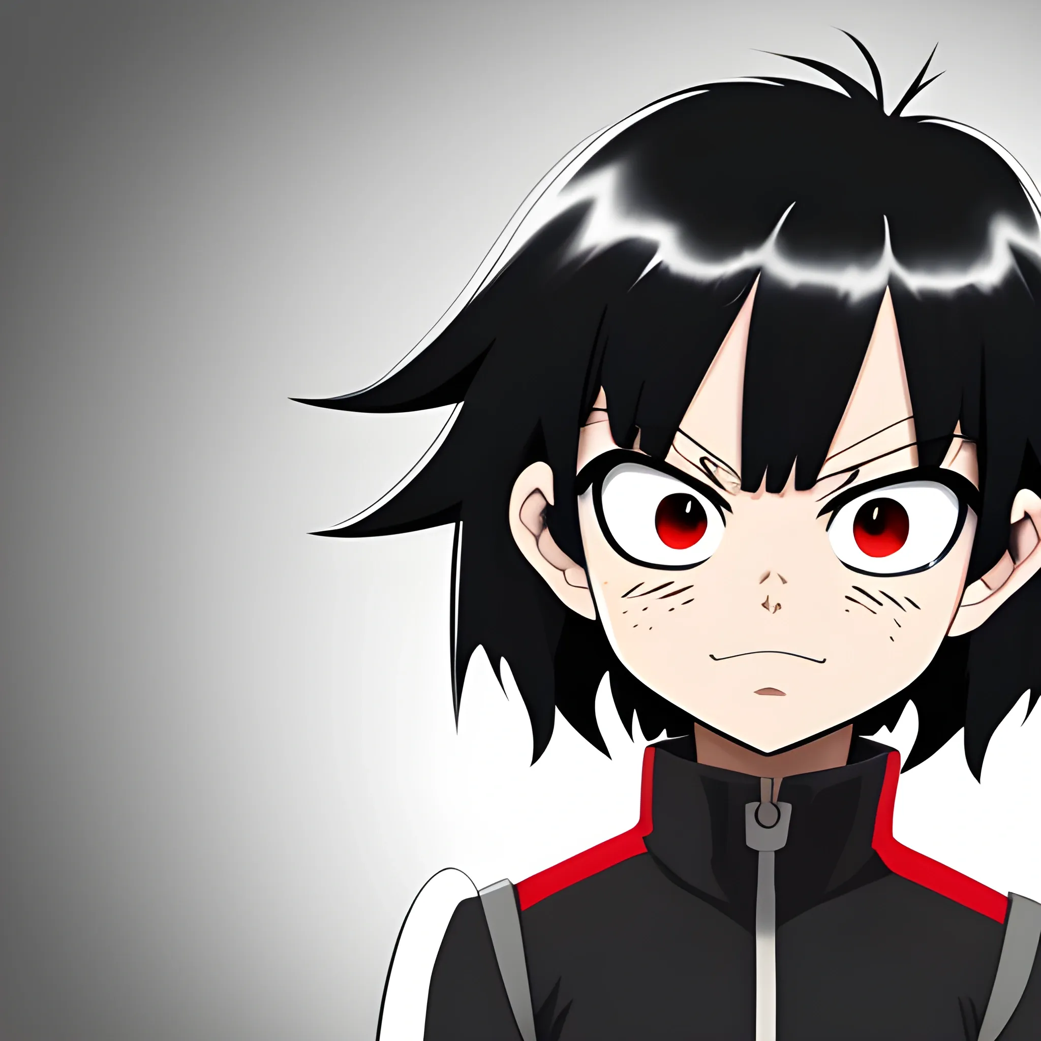 Black hair with bangs , red eyes in my hero academia style , Cartoon