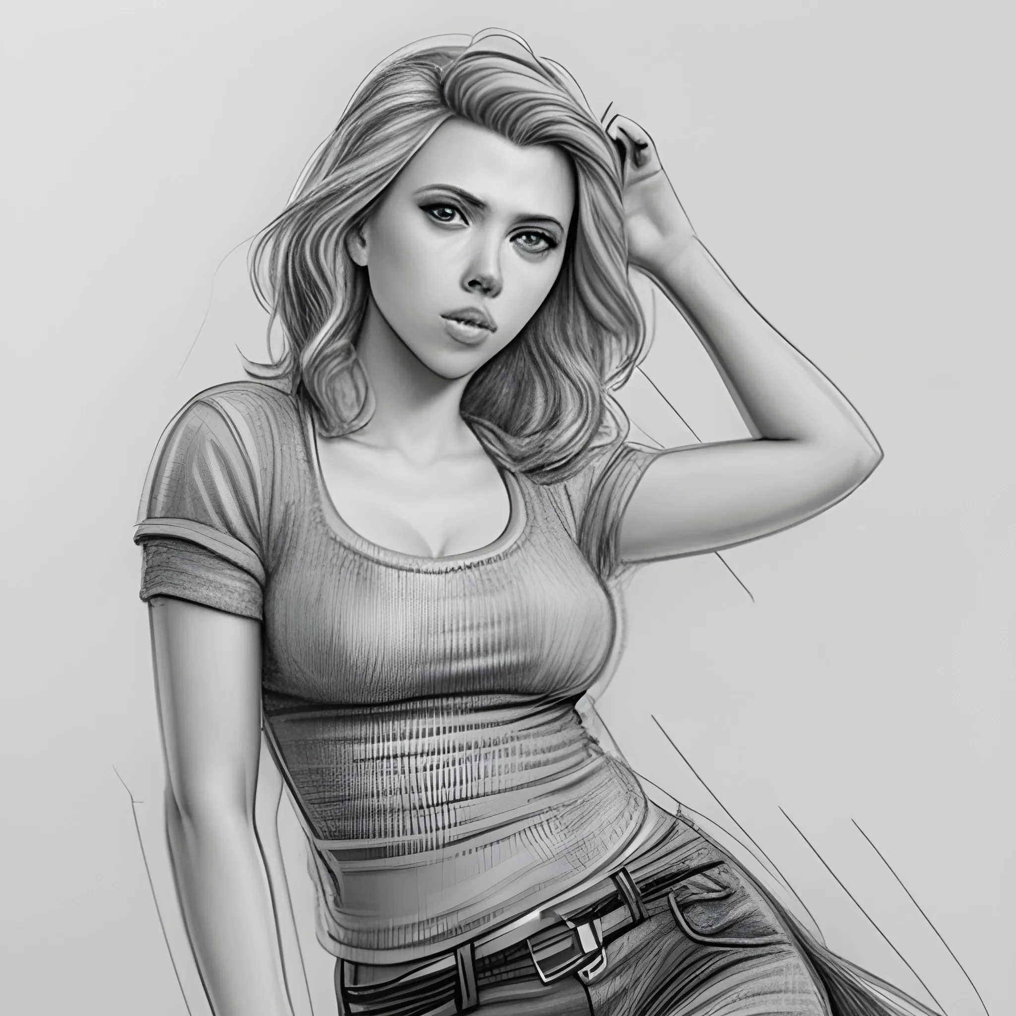 Scarlett Johansson cute and hot outfit, Pencil Sketch