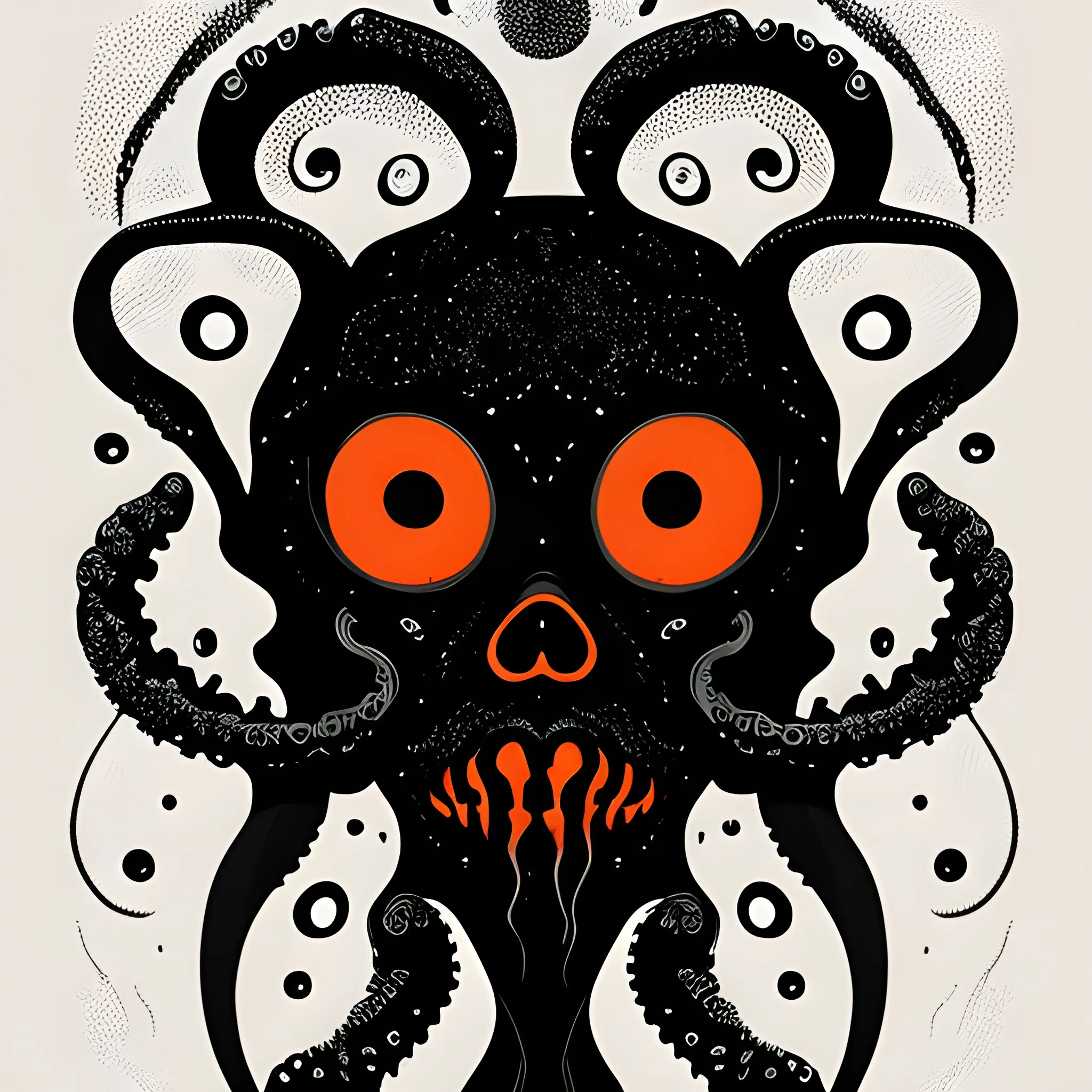 Minimalist gouache artwork of a lovecraftian creature, horror, pumpkin headed grim reaper, dark eyes, poly-morph, tentacles. In eldritch art style, with subtle pointillism overlay, abstract fluid shapes, soft vibrant colors, delicate scattered dots enhancing texture, ethereal and dreamlike quality, balance of simplicity and intricate detail on a textured black and charcoal background