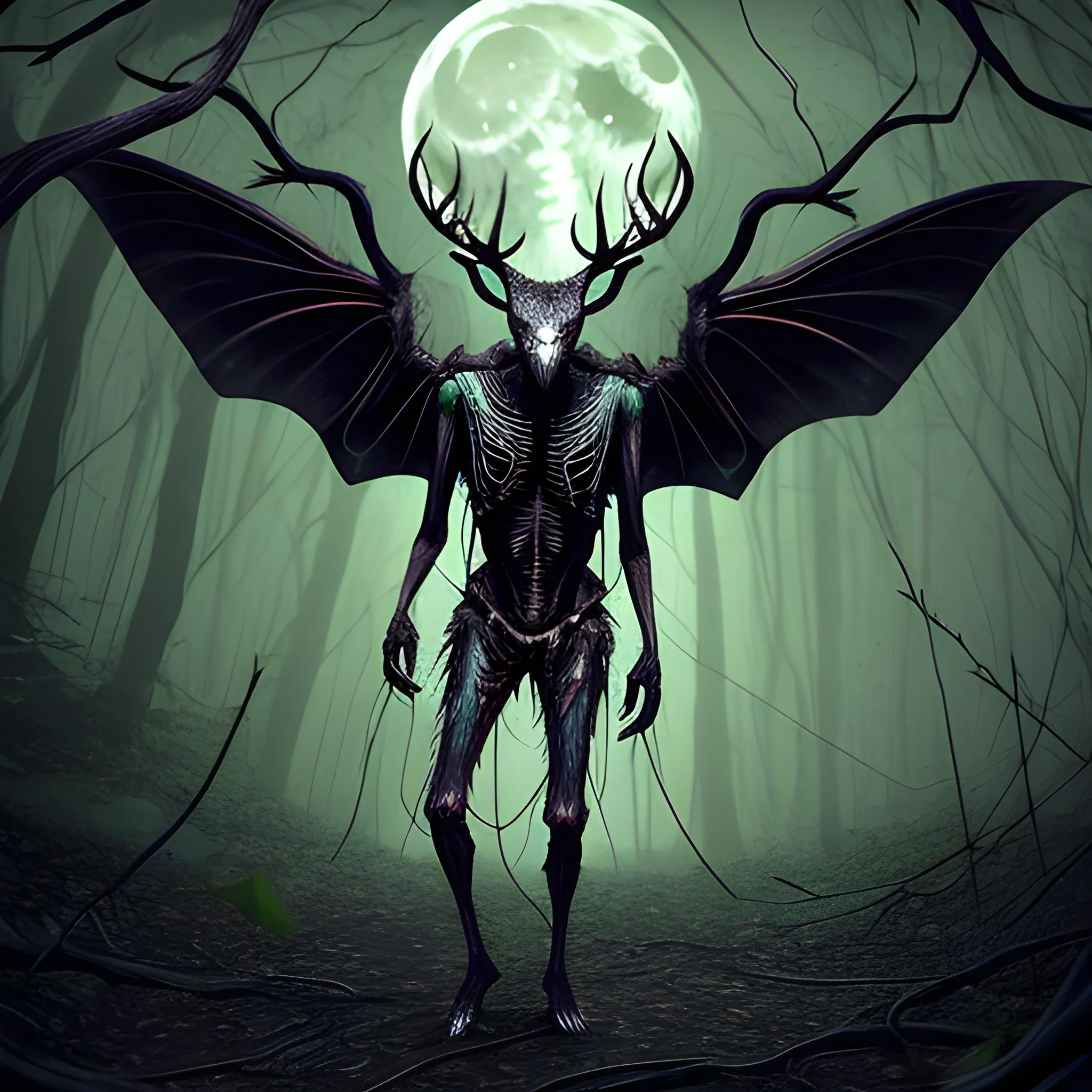 mothman + wendigo, emaciated with skin clinging tightly to rib cage, deer skull and long majestic horns, green eyes, body tangled in vines and String, standing in a dying forest in the full moon