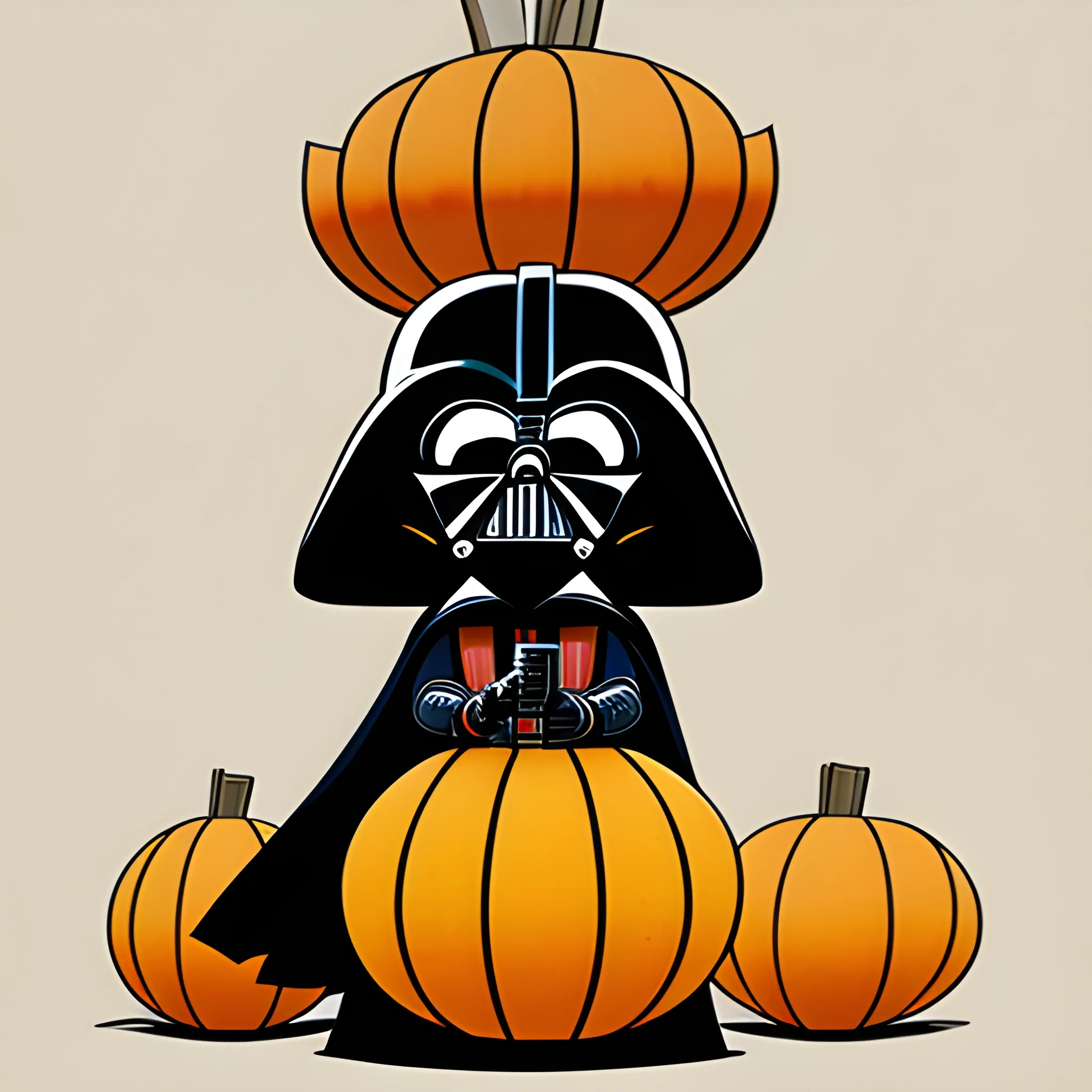 A cartoon illustration of a grumpy looking Female Darth Vader leaning on a pile of gourds.