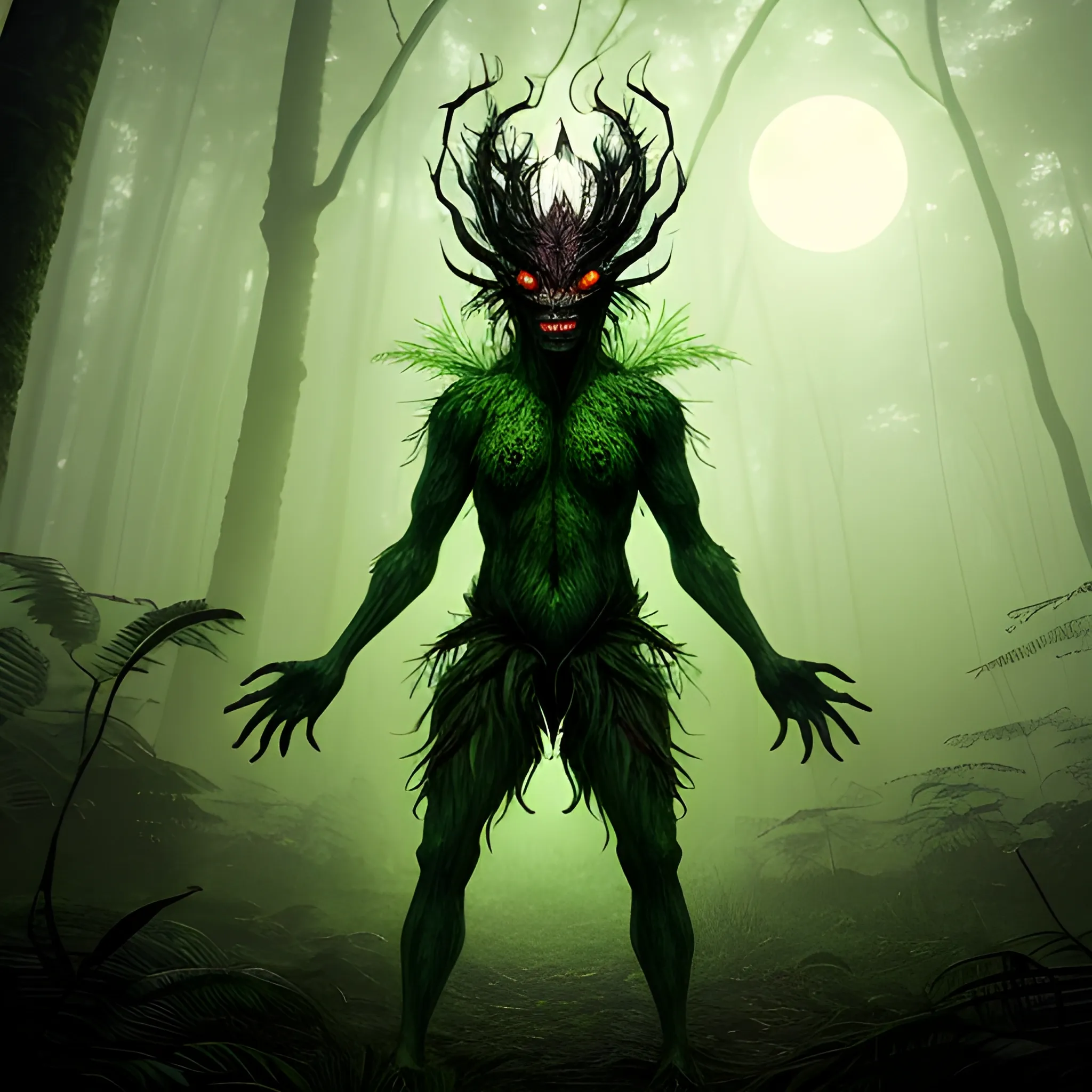 A terrifying and realistic depiction of Curupira, a mythical creature from Brazilian folklore, standing deep within a dense tropical forest at night. The Curupira has human-like features but with bright green skin, fiery red hair, and its signature backward-facing feet. Its expression is sinister and unsettling, with glowing yellow eyes that shine through the darkness. The forest is thick with towering trees, vines, and mist, illuminated only by a faint, eerie moonlight filtering through the canopy. The atmosphere feels tense and dangerous, evoking a sense of being watched by an unpredictable force