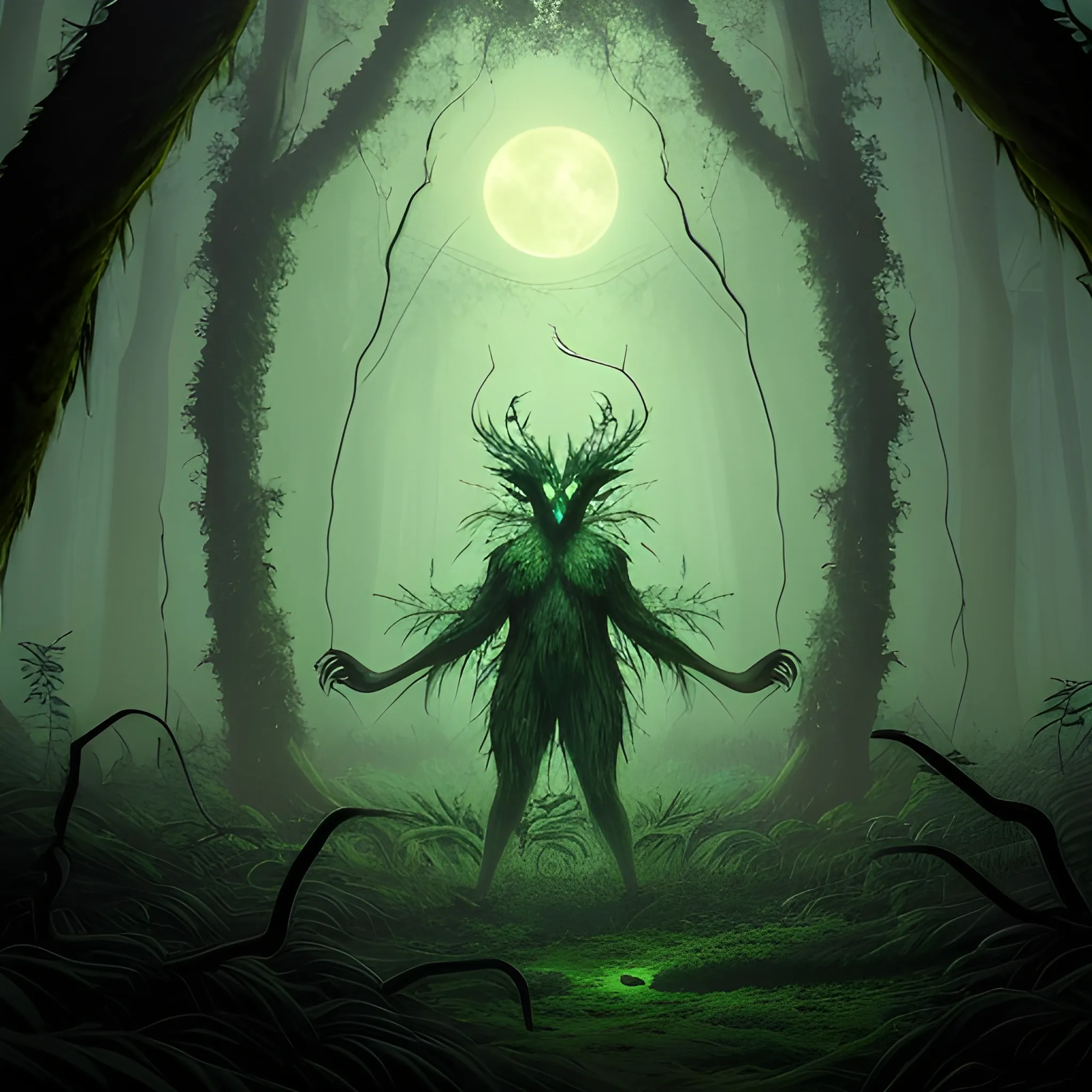 A terrifying and realistic depiction of Curupira, a mythical creature from Brazilian folklore, standing deep within a dense tropical forest at night. The Curupira has human-like features but with bright green skin, fiery red hair, and its signature backward-facing feet. Its expression is sinister and unsettling, with glowing yellow eyes that shine through the darkness. The forest is thick with towering trees, vines, and mist, illuminated only by a faint, eerie moonlight filtering through the canopy. The atmosphere feels tense and dangerous, evoking a sense of being watched by an unpredictable force