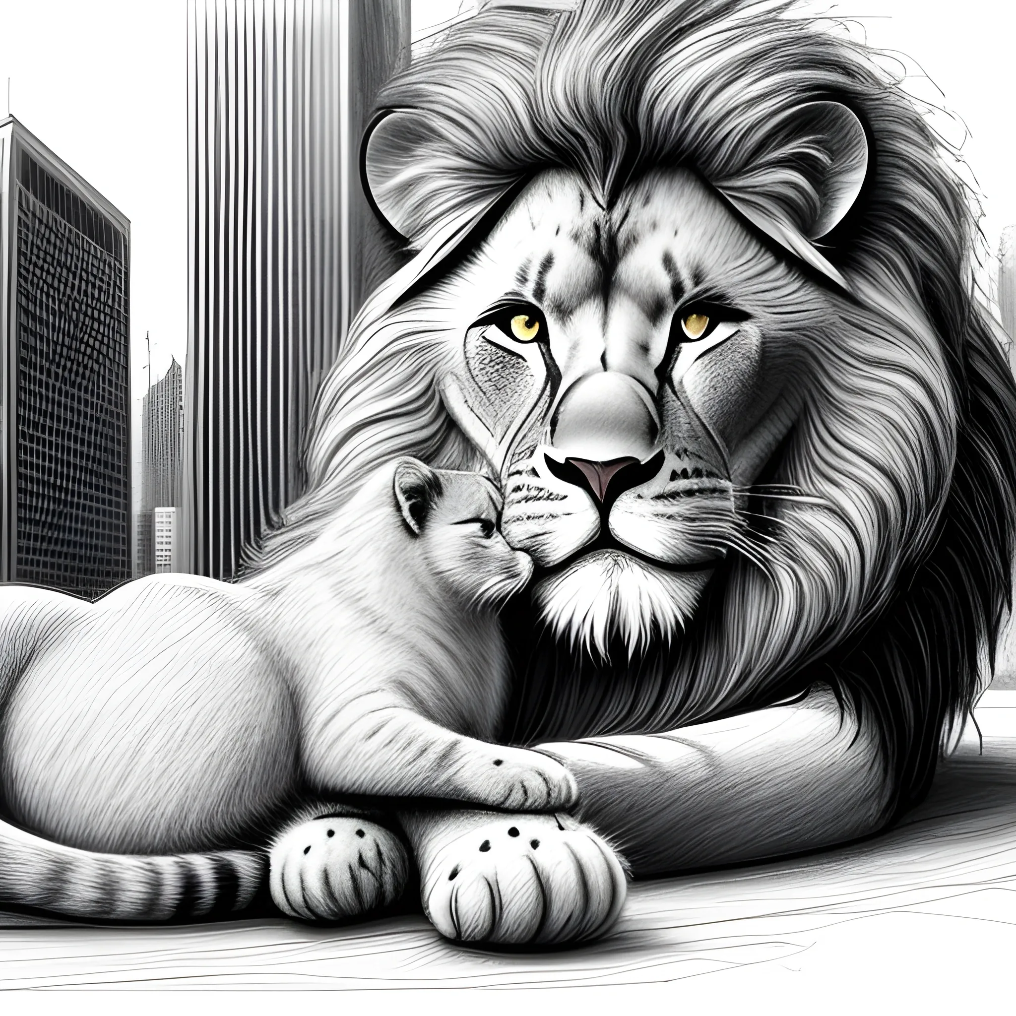 a cat with a lion in the modern city, 4k
, Pencil Sketch