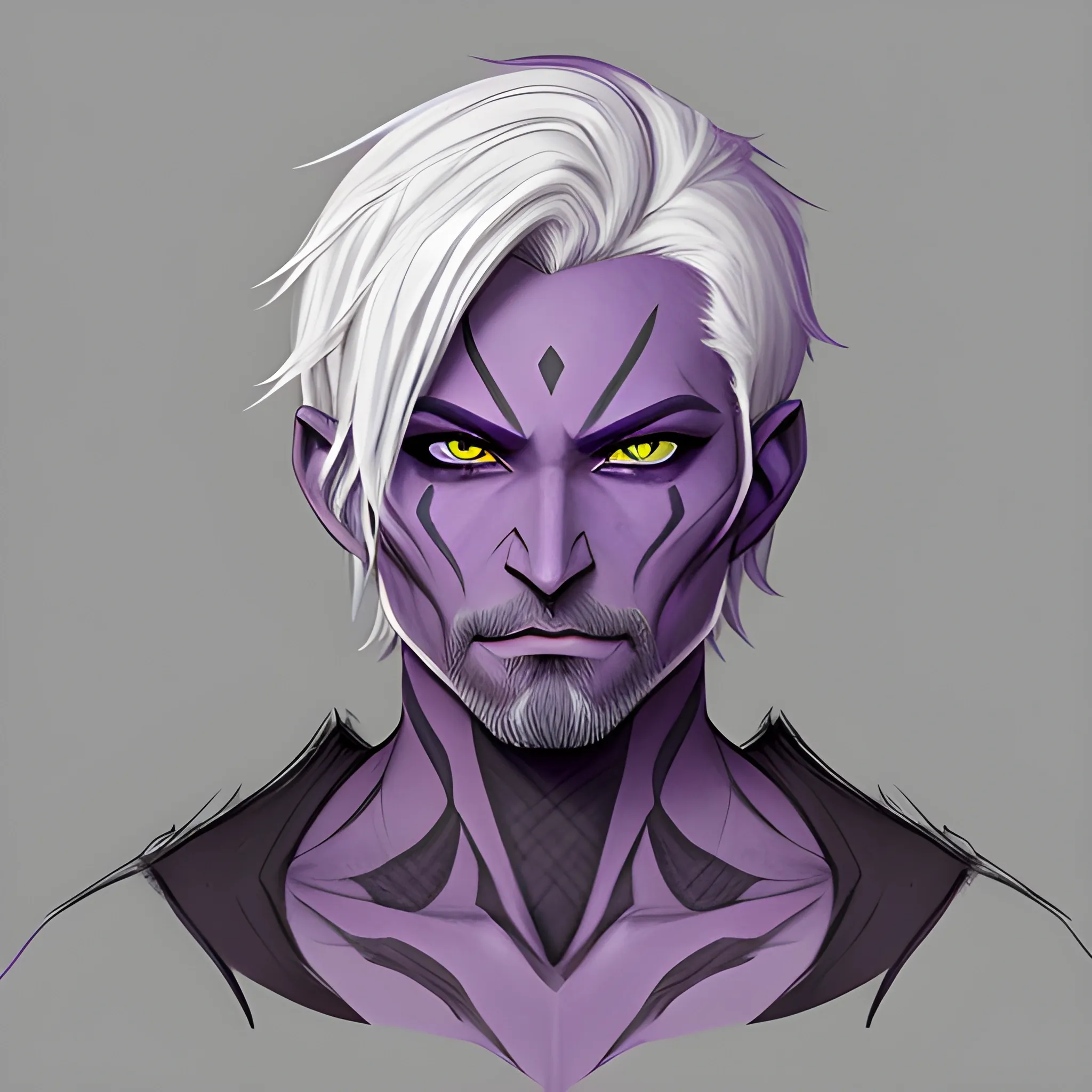 male, chaotic neutral fighter, half-drow with medium purple skin, Alizarin crimson eyes short and straight Silver hair and light stubble beard, Pencil Sketch, Cartoon