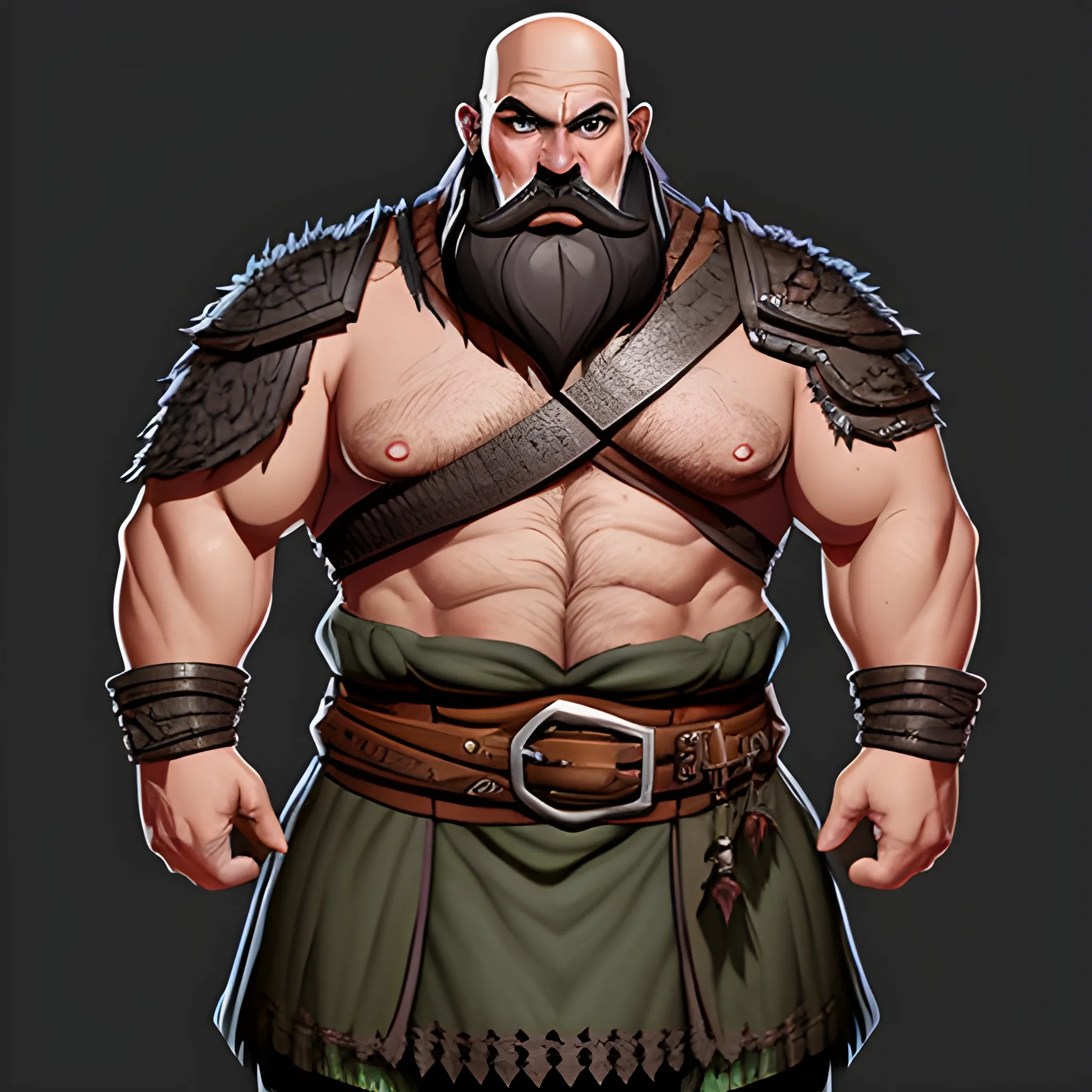 Burly Human, Bald, Bushy black moustache, Muscular body, Fantasy clothing, dungeons and dragons wizards of the coast illustration, detailed, concept art, sharp focus, illustration, tavern brawler, crossed arms