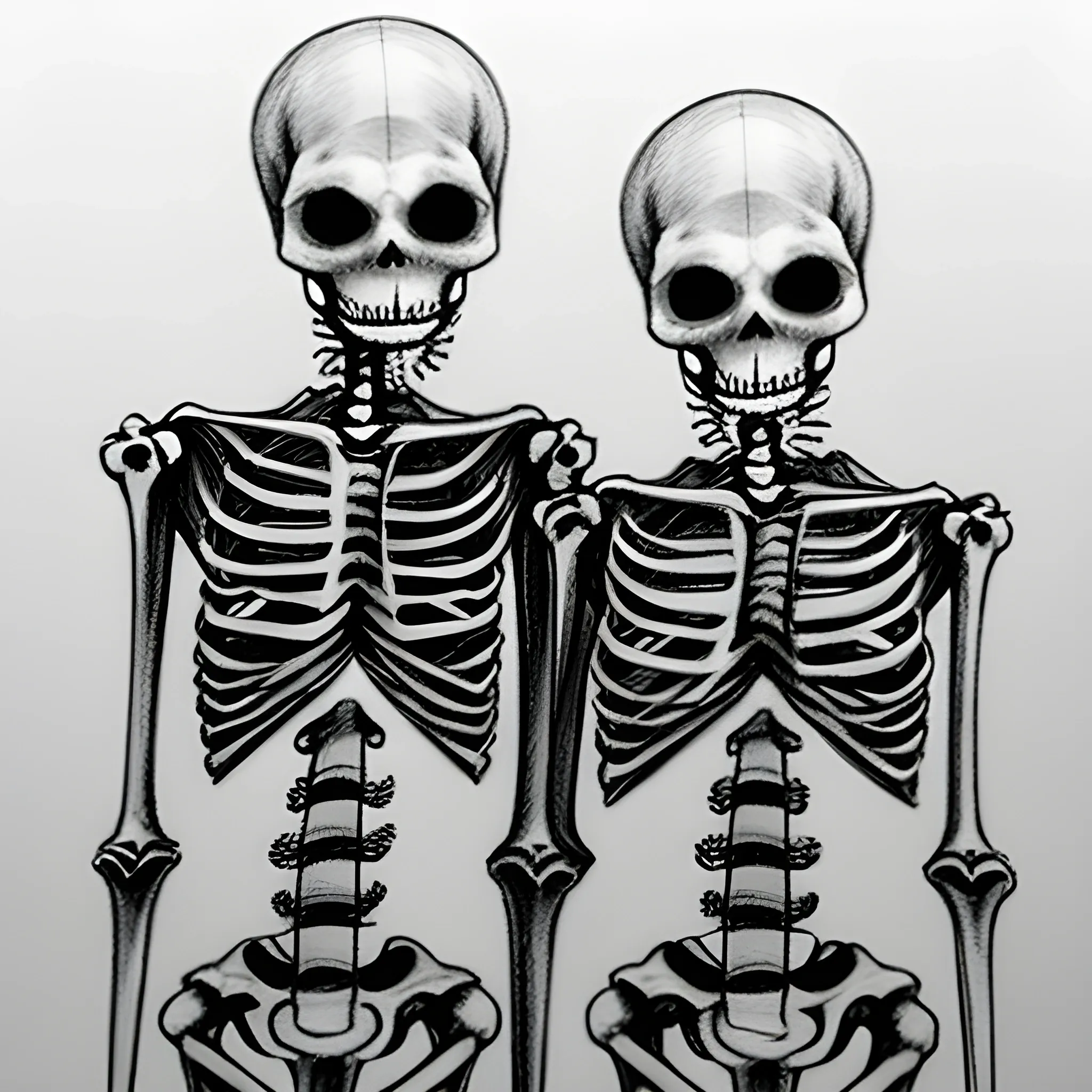 Pencil Sketch, two skeletons, bound in love but are held back by values