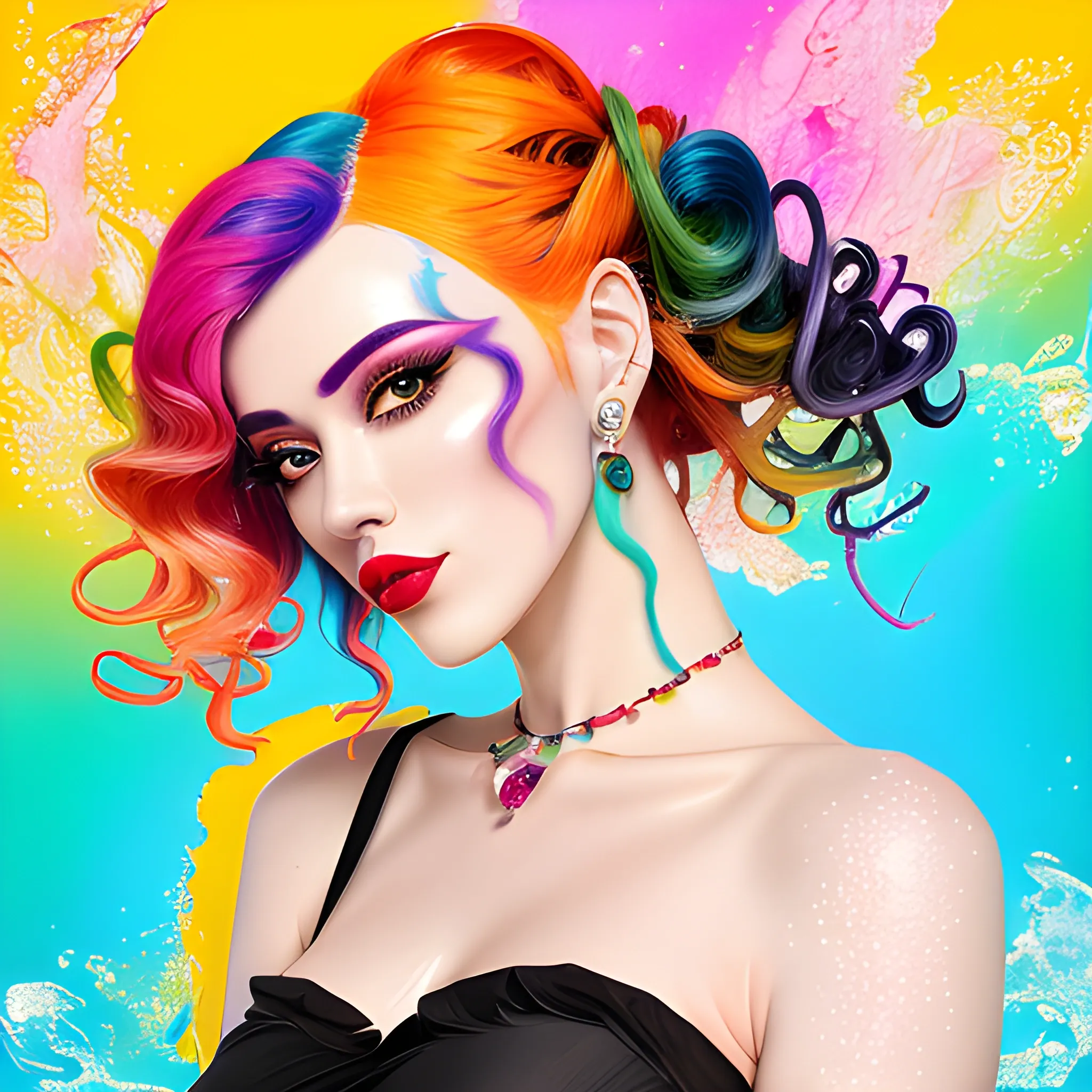 (Masterpiece Best Quality), (Extremely Complex: 1.2),, beautiful girl, big eyes, orange-red lipstick, silver-green bangs, short curly hair, wearing colorful and fashionable summer colorful pattern T-shirt half-sleeve, half-length picture, half-length photo, blue, red, yellow, pink, gradient hair, {neon pink hair, tender pink hair, tender blue hair, tender green hair, tender yellow hair,}, glowing hair, shirt, black eyes, blurred background, red lips, bangs, ((Colorful balloon background)), collarbone, colorful ink background, ((Ink splash)) (Color splash), standing picture, upper body ((Rainbow color hair)), gradient color, paint, highest quality, highest quality, masterpiece, depth of field, delicate and moist skin, cute girl, solo, wall covered with colorful paint, gradient, exquisite CG, exquisite and beautiful facial features, gorgeous highlights, crystal clear, beautiful, charming, shining, perfect, ultra-clear Chinese style, Water Color, Water Color