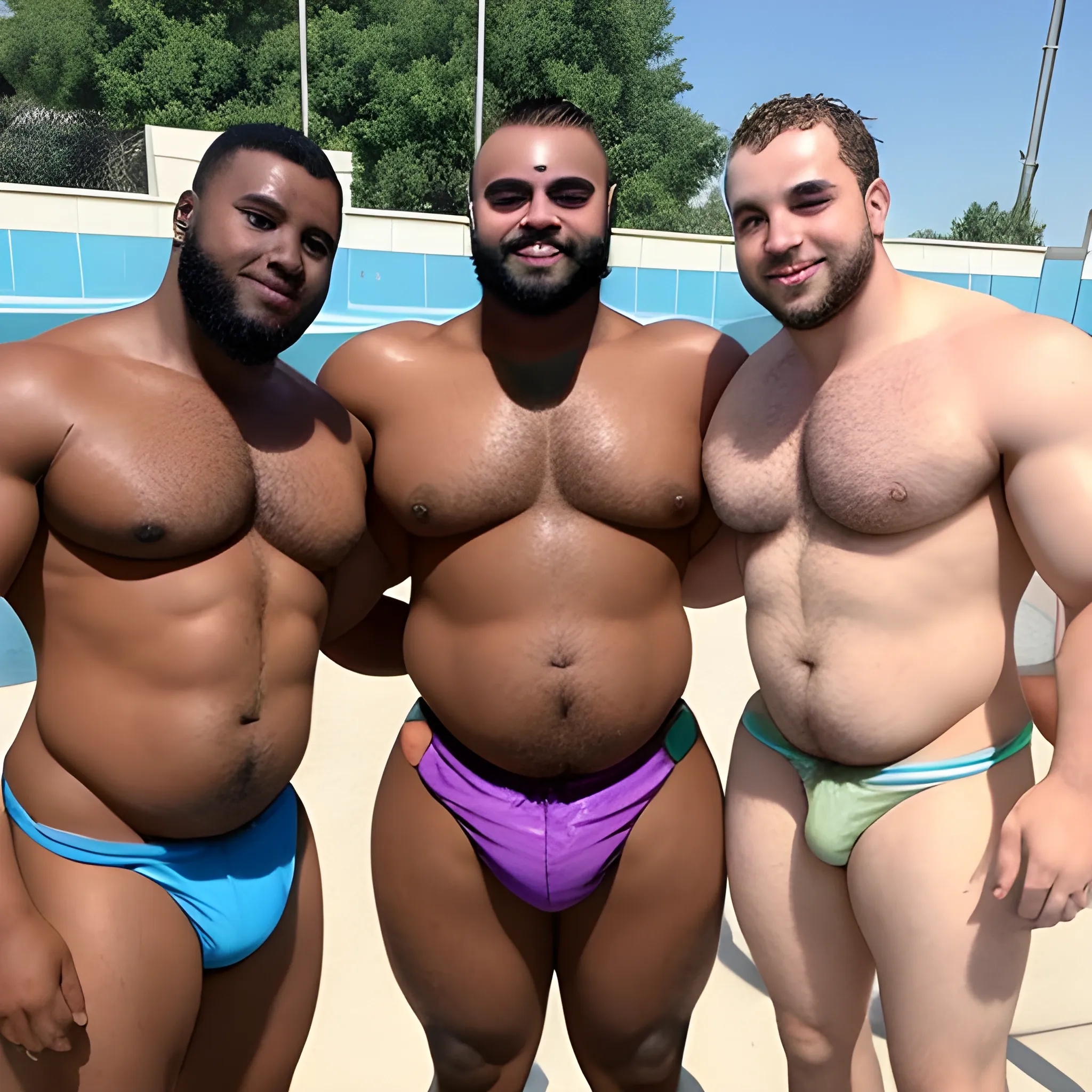 3 friends are going to a pool party. They have facial and body hair, they are a bit overweight, but muscled. They are from different backgrounds from africa, latin and caucasian. 
