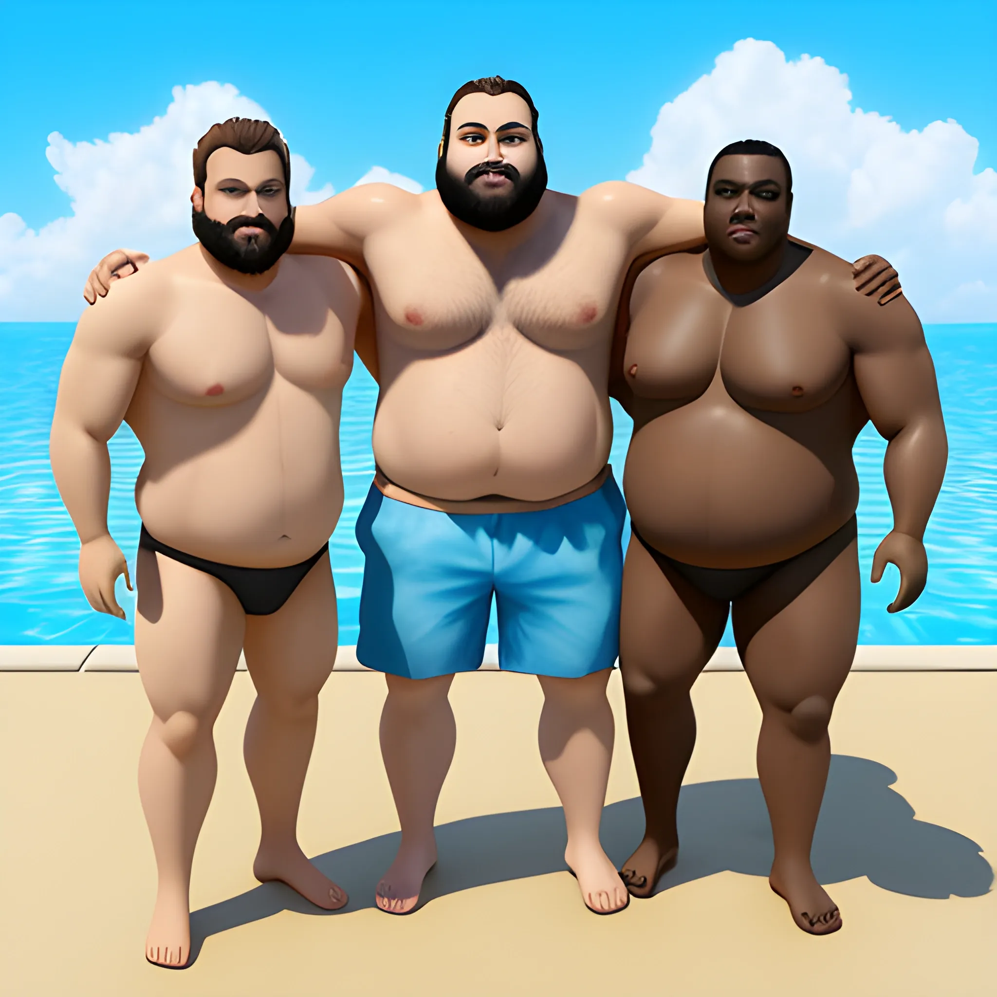 3 friends are going to a pool party. They have facial and body hair, they are a bit overweight, but muscled. They are from different backgrounds from africa, latin and caucasian. 
, 3D, Water Color