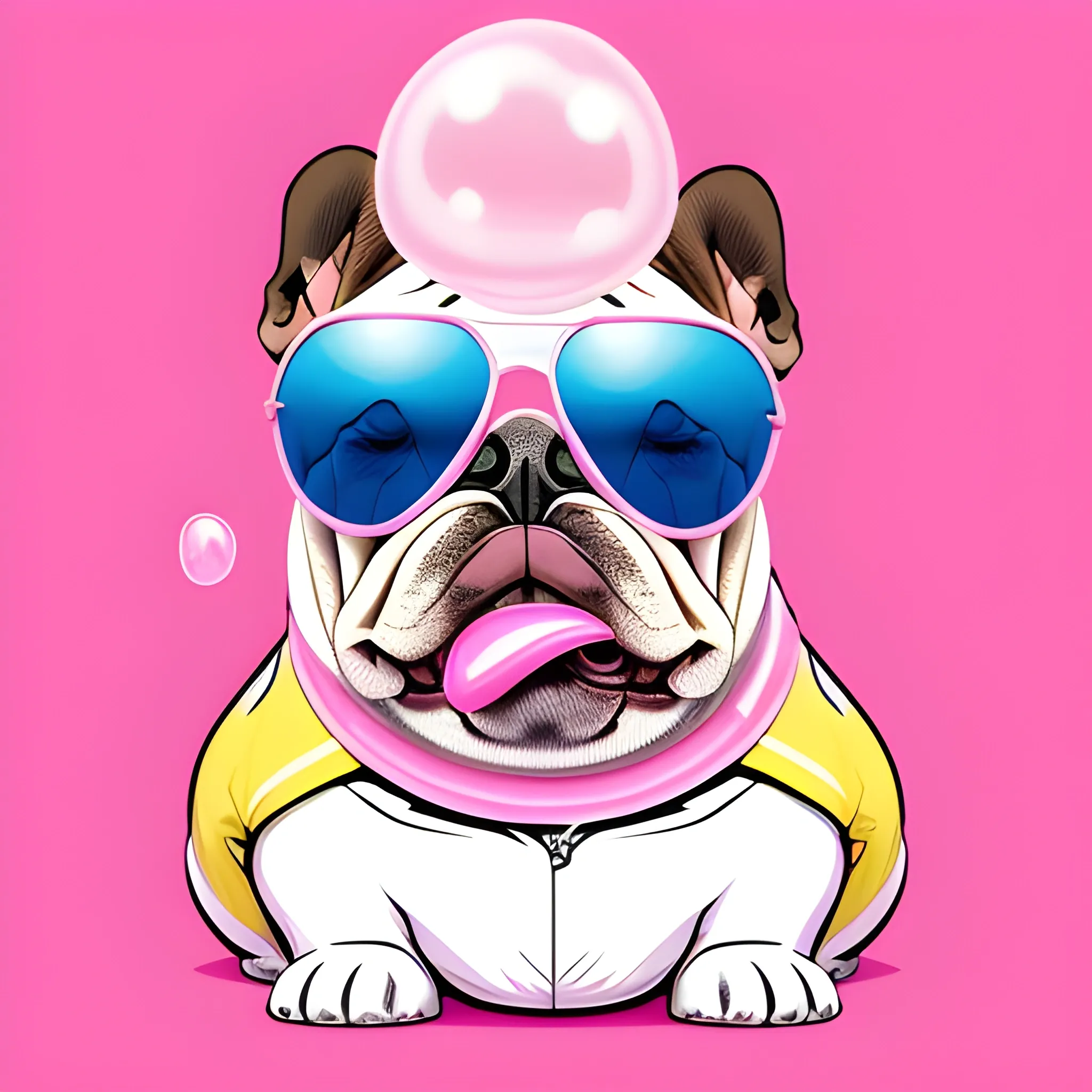 A playful bulldog blowing a large pink bubble gum, with a fun and humorous expression on its face. The bulldog is sitting down, wearing a cool pair of sunglasses, adding to its playful vibe. The background is simple, a light pastel color to keep the focus on the bulldog. Perfect for a vibrant and quirky t-shirt design