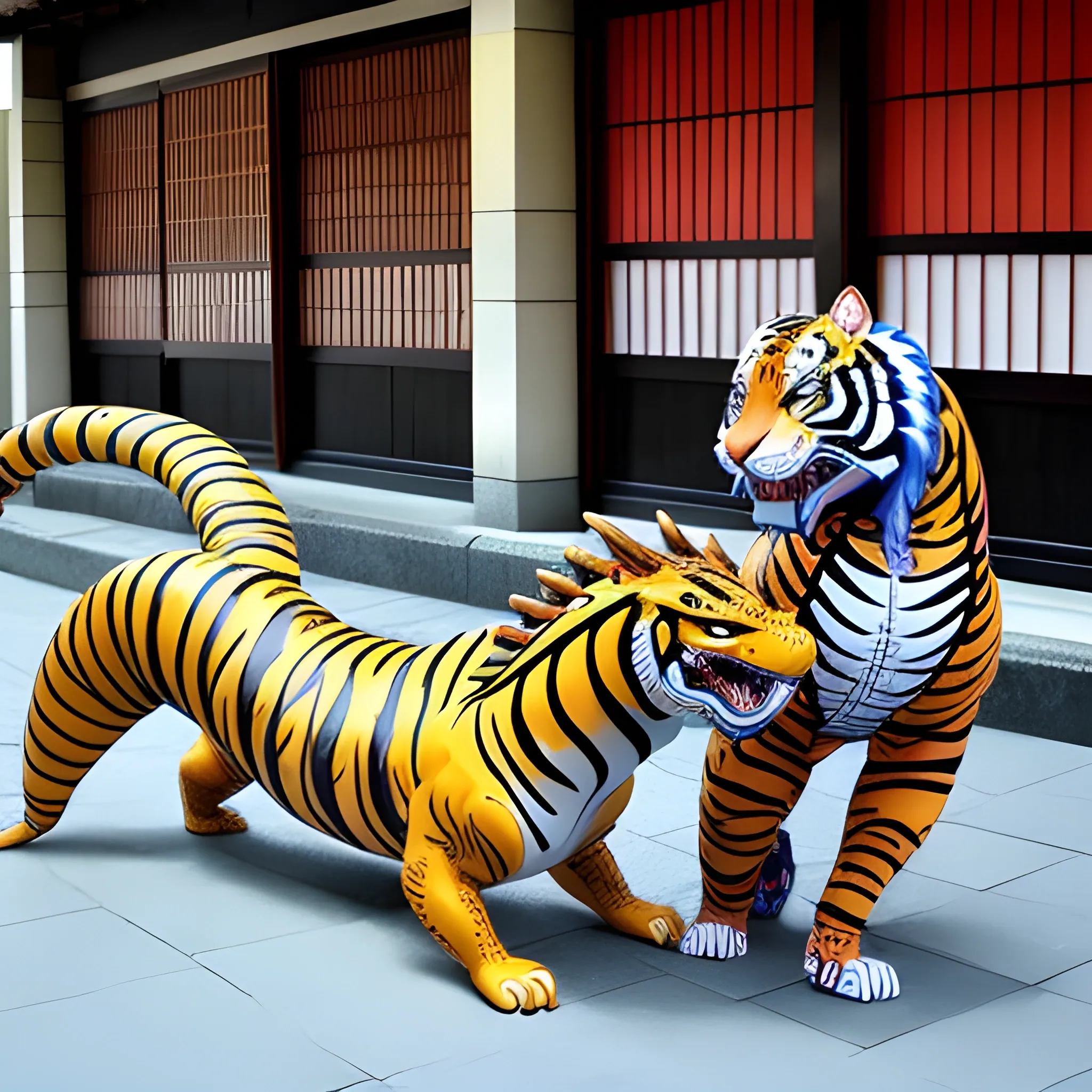 Tigre y dragón peleando estilo Japones 