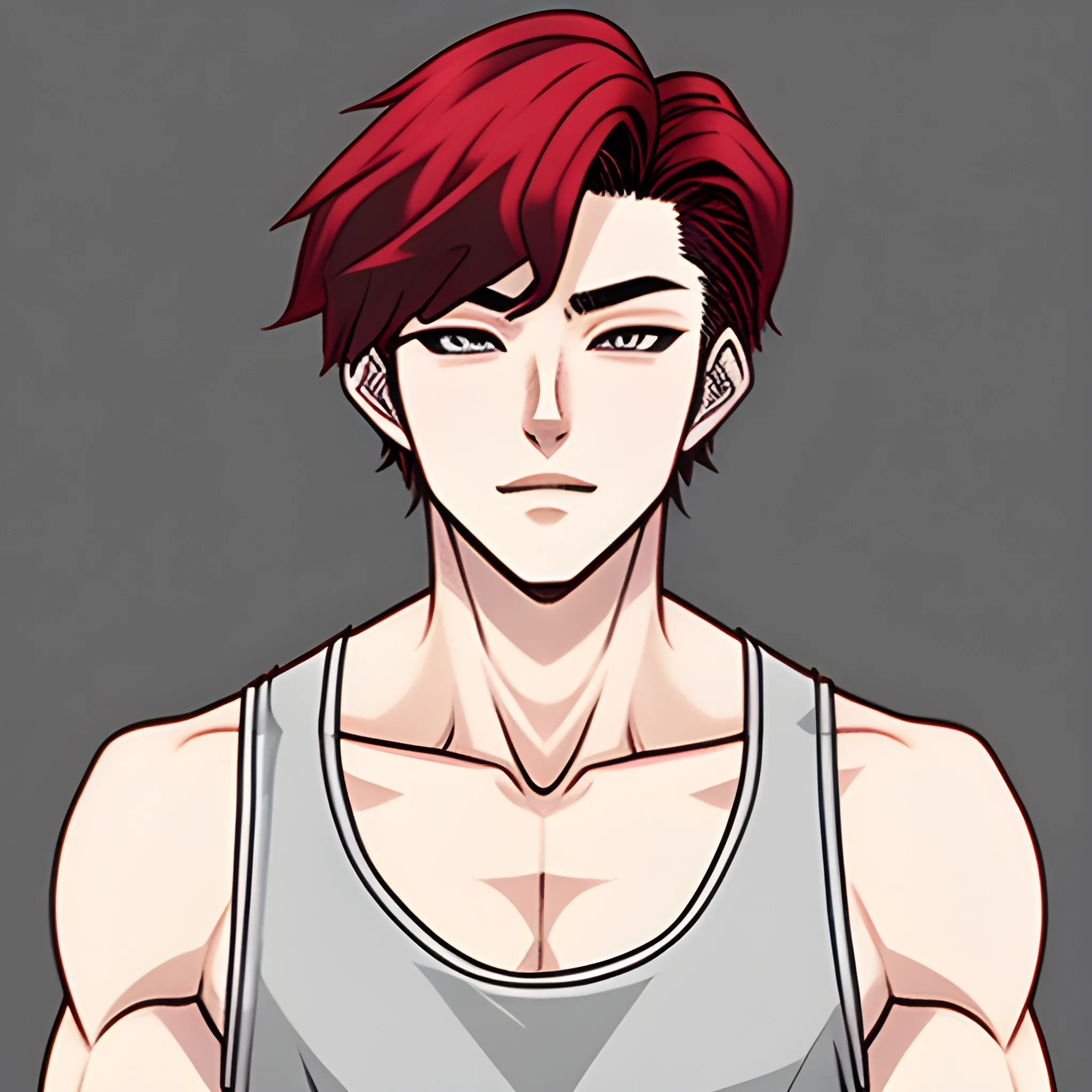 18 year old Korean boy. Pale skin. Bright red, slightly wavy hair. Very beautiful. Ethereal looking. Grey eyes. long eyelashes. he is wearing a white tank top. Cartoon marvel style.