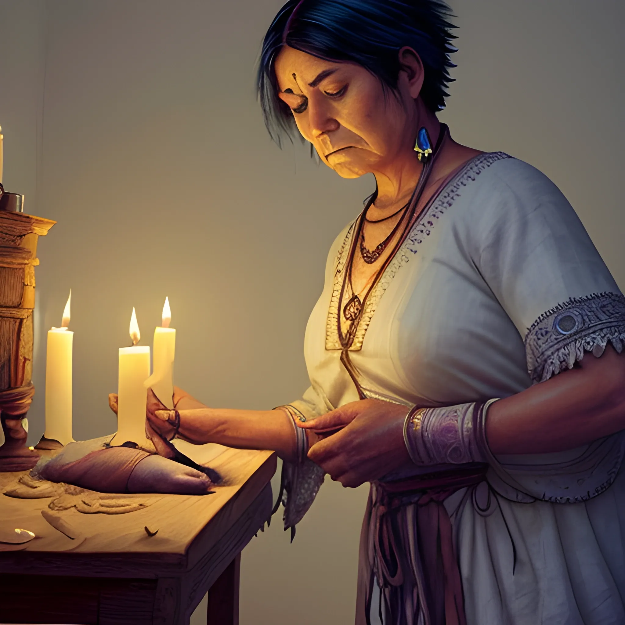 "A mystical scene of an older woman with short white hair performing psychic surgery on a patient lying on the floor. The room is dimly lit with flickering candles that cast soft shadows. The woman is dressed in traditional Mexican clothing and wears a colorful shawl over her shoulders. She holds a simple knife in her hand, hovering over a patient lying on a wooden table. Her expression shows deep concentration, as if guided by spiritual forces from Cuauhtémoc. A faint ethereal glow surrounds her hands, symbolizing spiritual energy at work. In the background, indigenous symbols and artifacts are vaguely visible, adding to the sense of ancient mystery and healing."