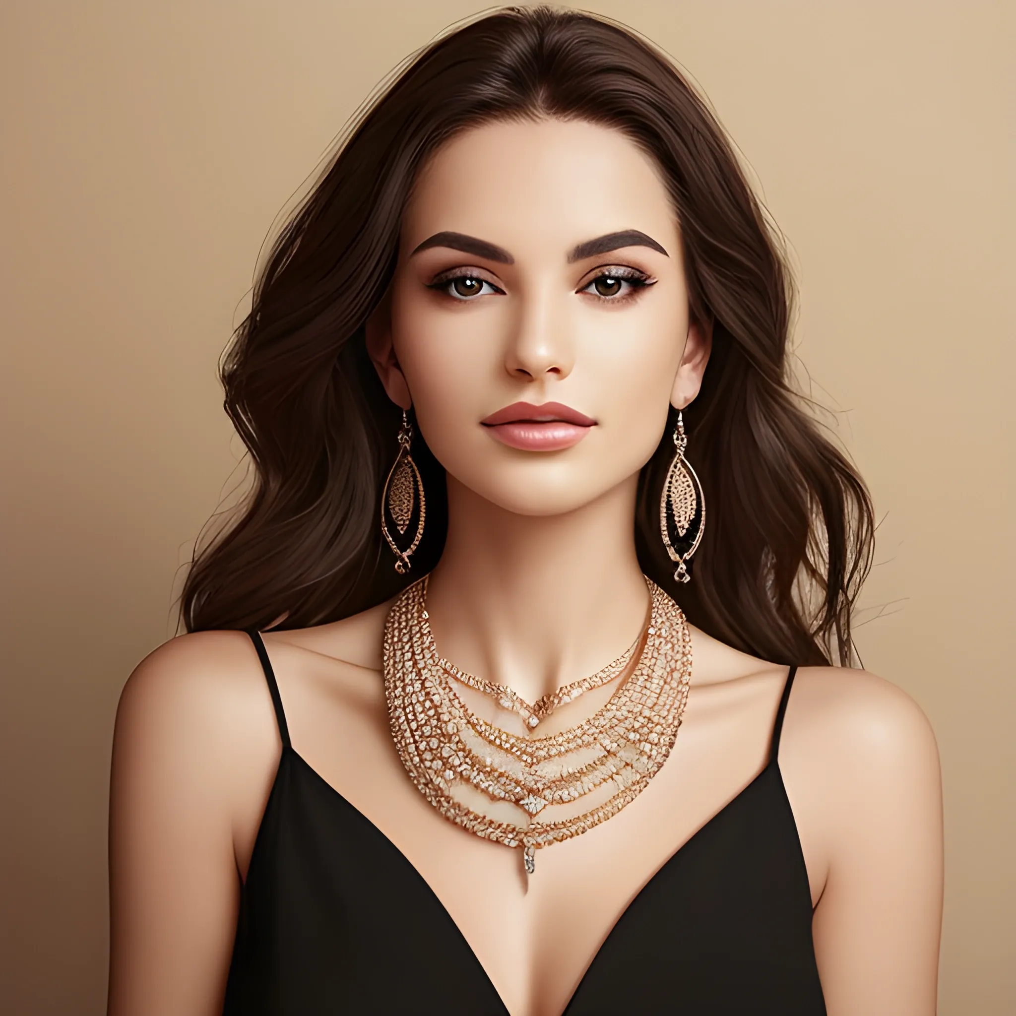 A confident woman wearing an exquisite jewelry necklace, highlighting the woman's confidence and freedom, and the intricacy of the jewelry.