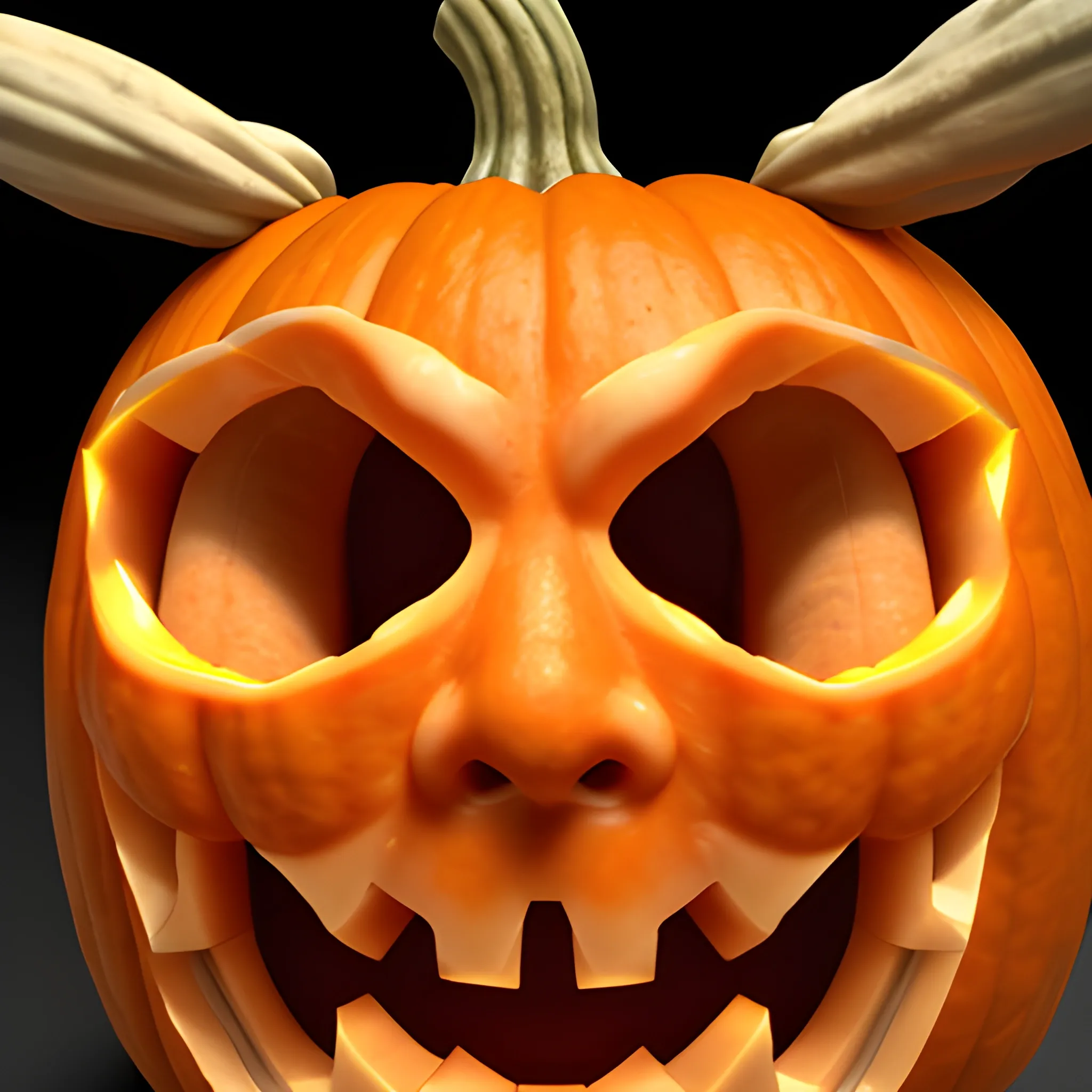 3D, Extreme closeup, misty transparent a Halloween with a photo-realistic face resembling an actual ghost passing through a wall, the rest of pumpkin transitions into a face that both shapes and fills the structure of the head. yelling at viewer, frightening