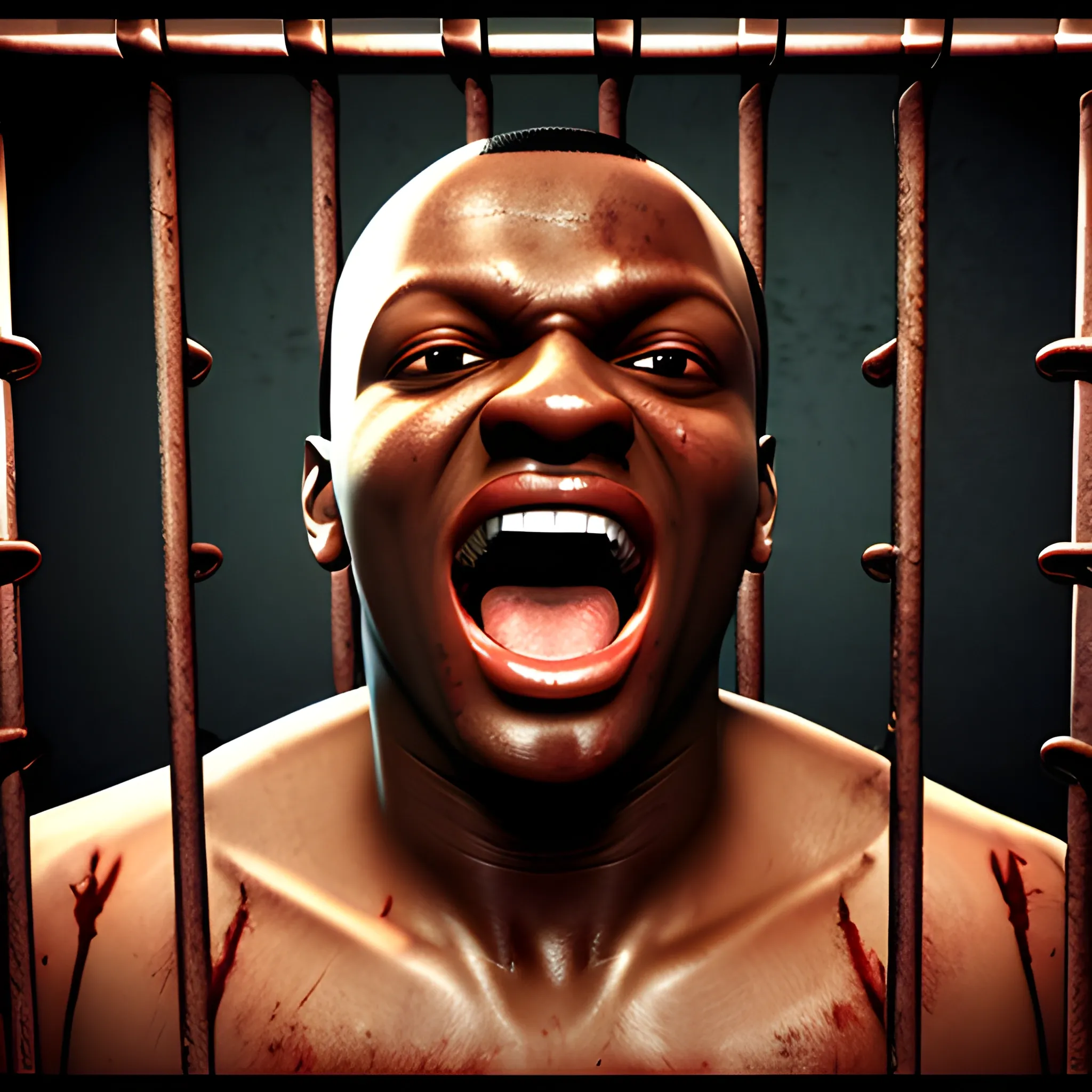 , 3D,ksi,screaming,behind prison bars, blood
