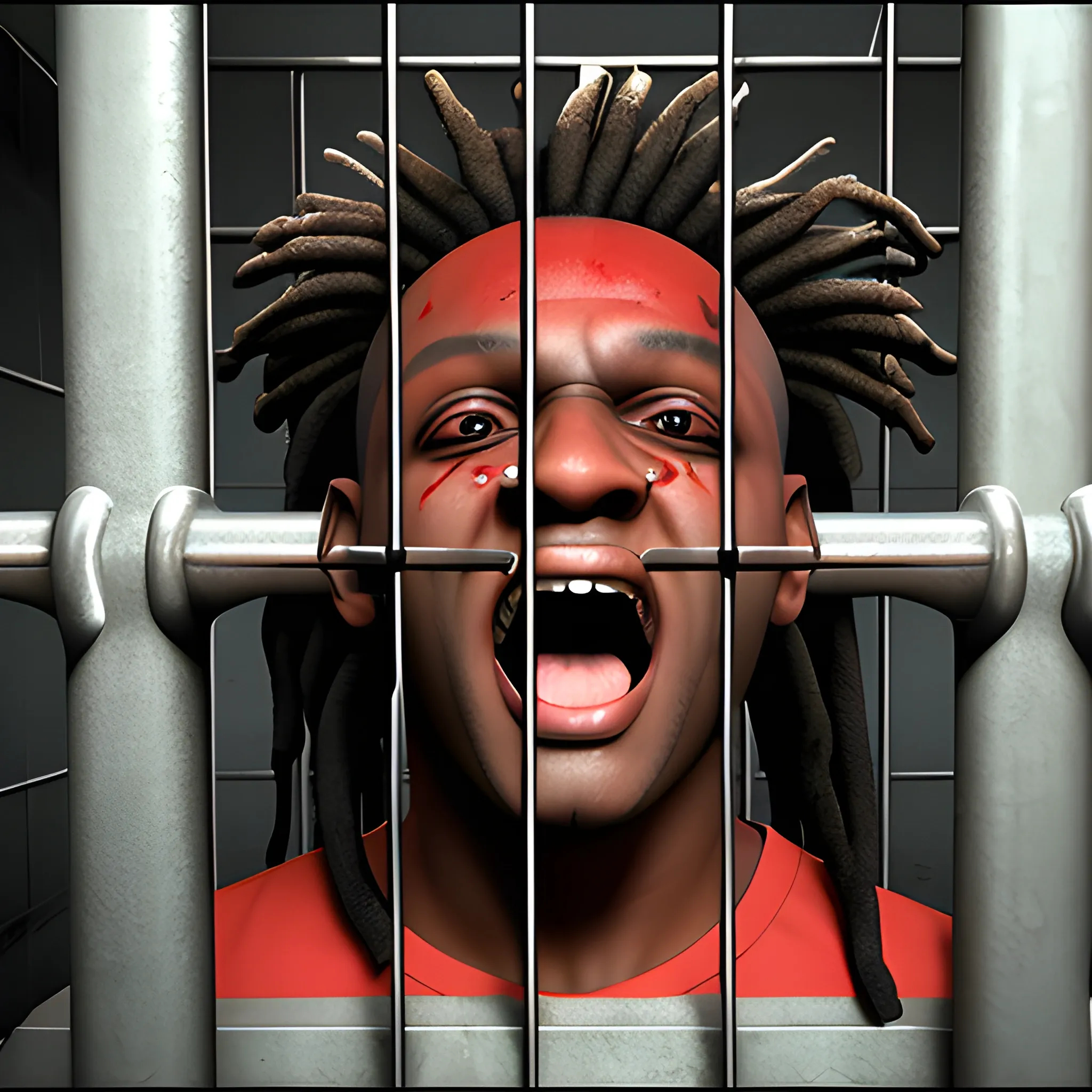 , 3D,ksi,screaming,behind prison bars, blood, dreads
