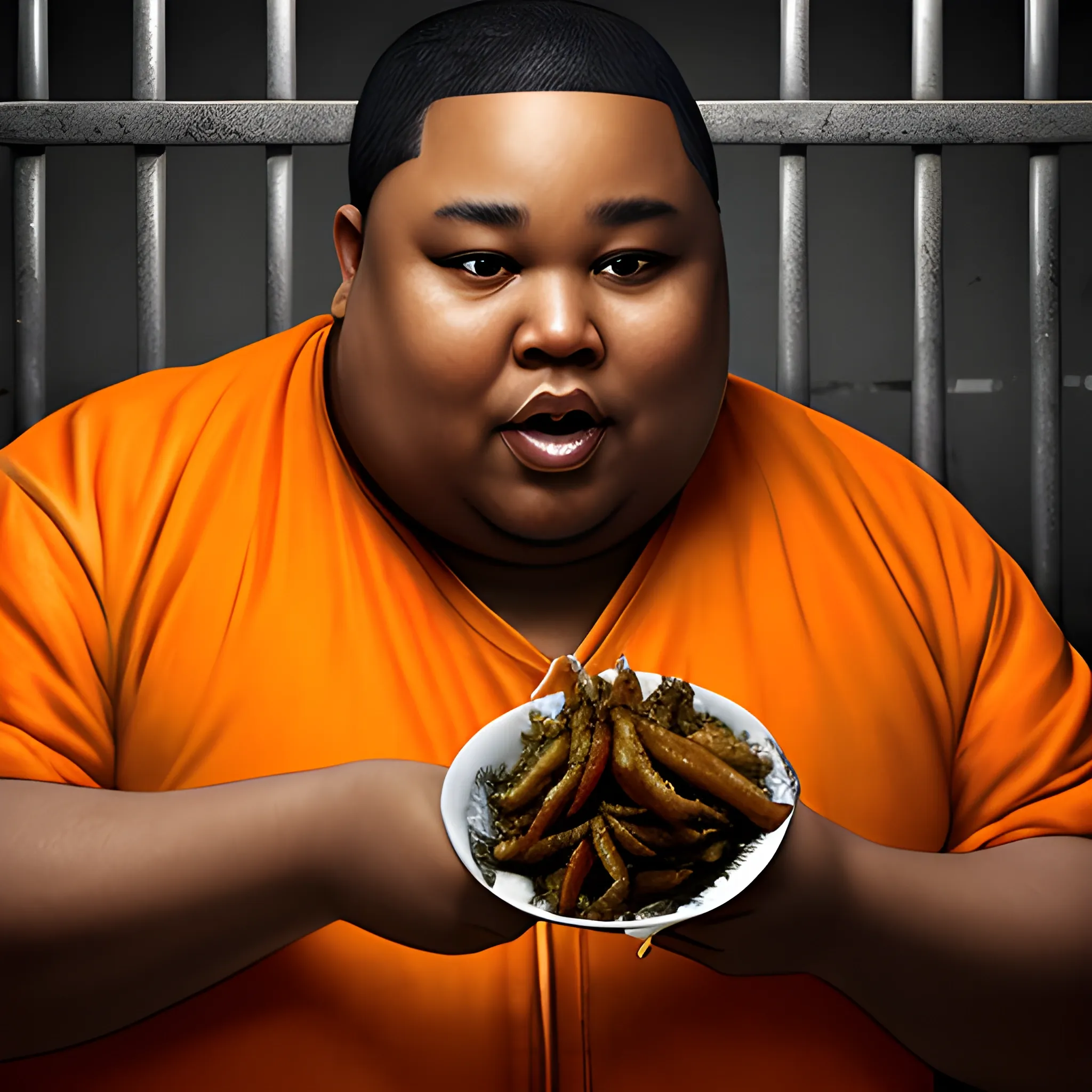 fat,black,male,eating fried chinken,behind prison bars, orange jumpsuit
