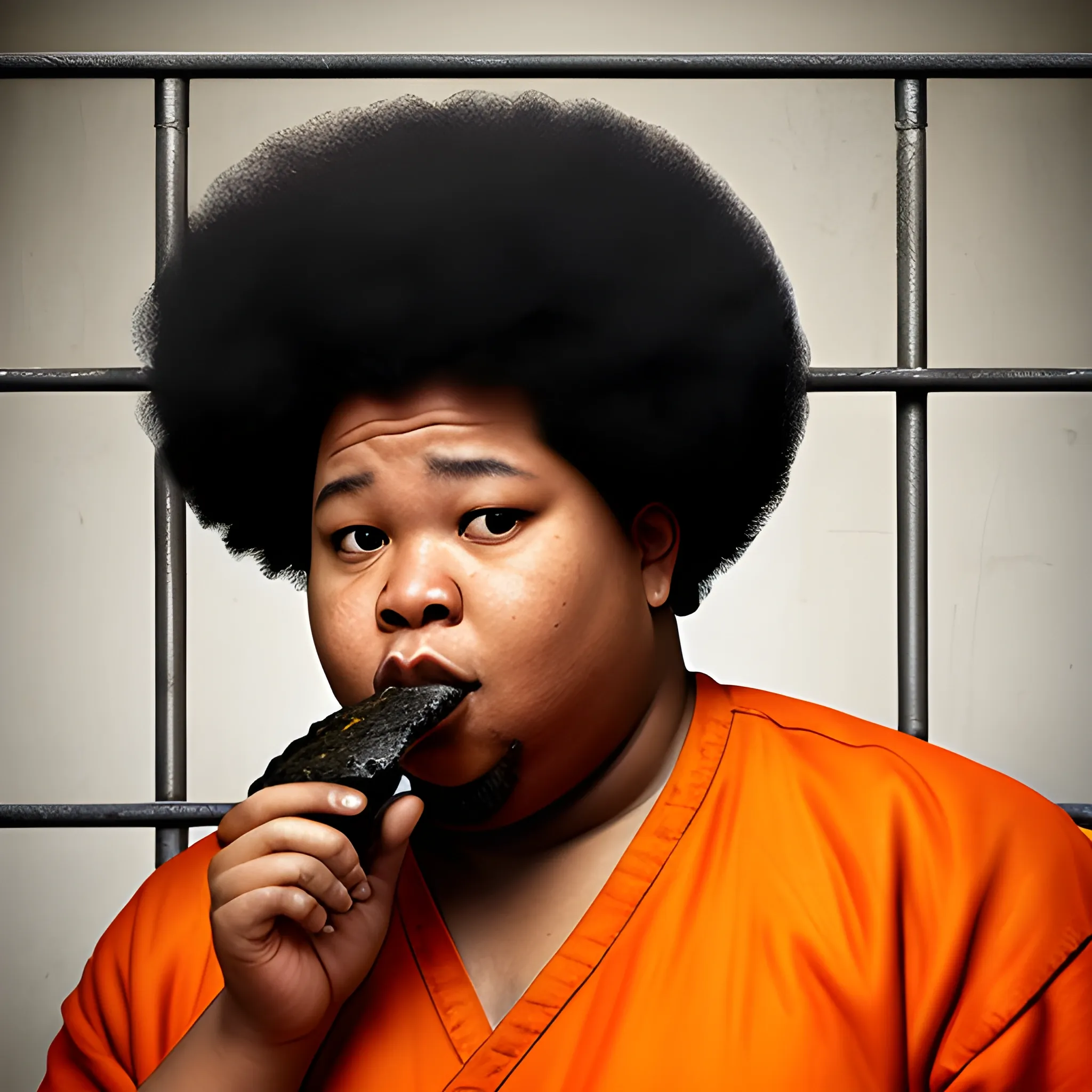 fat,black,male,eating chinken,behind prison bars, orange jumpsuit, insane big afro
