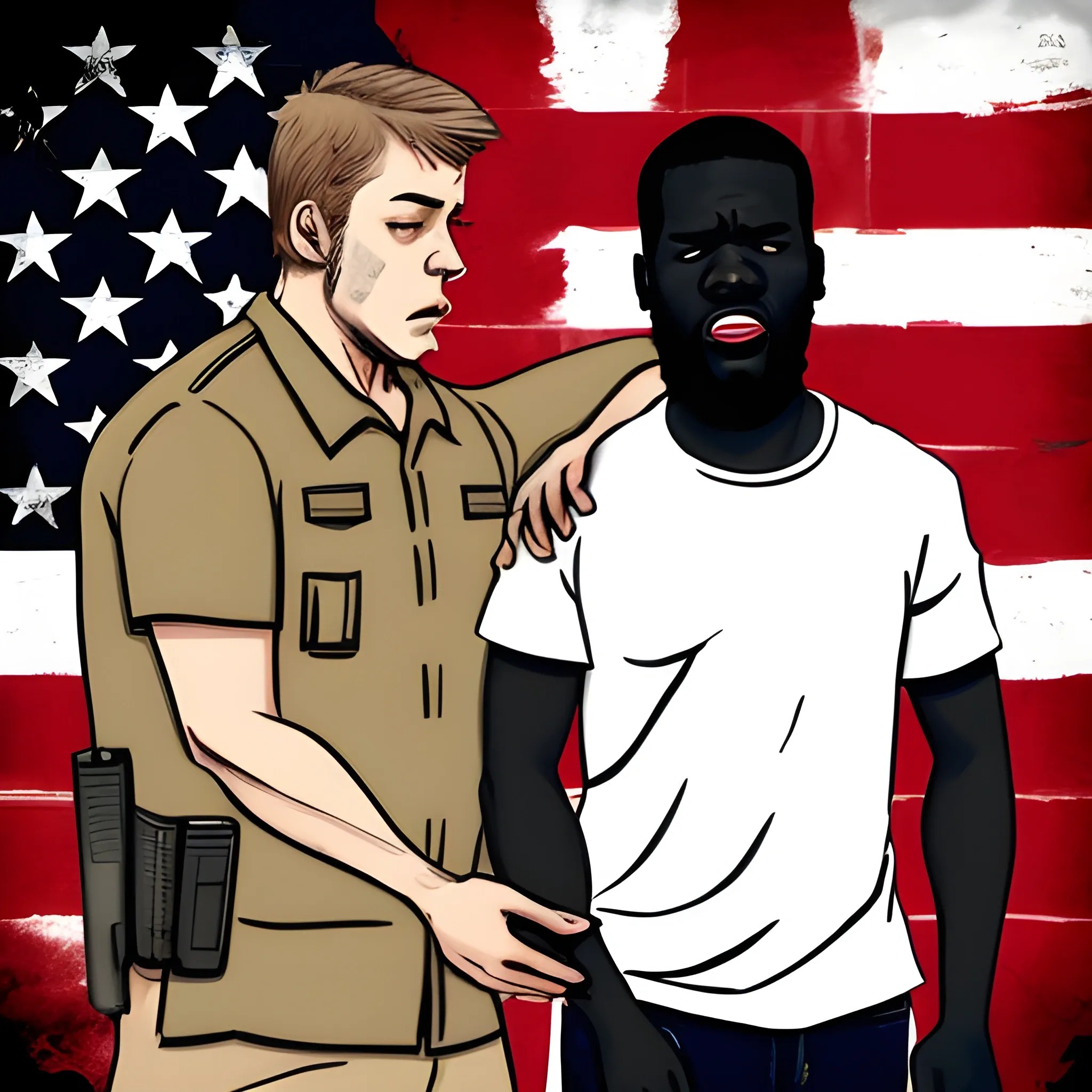 crying, white male,holding a black man hostage, gun pointing at the hostage, both crying, America color cloths
