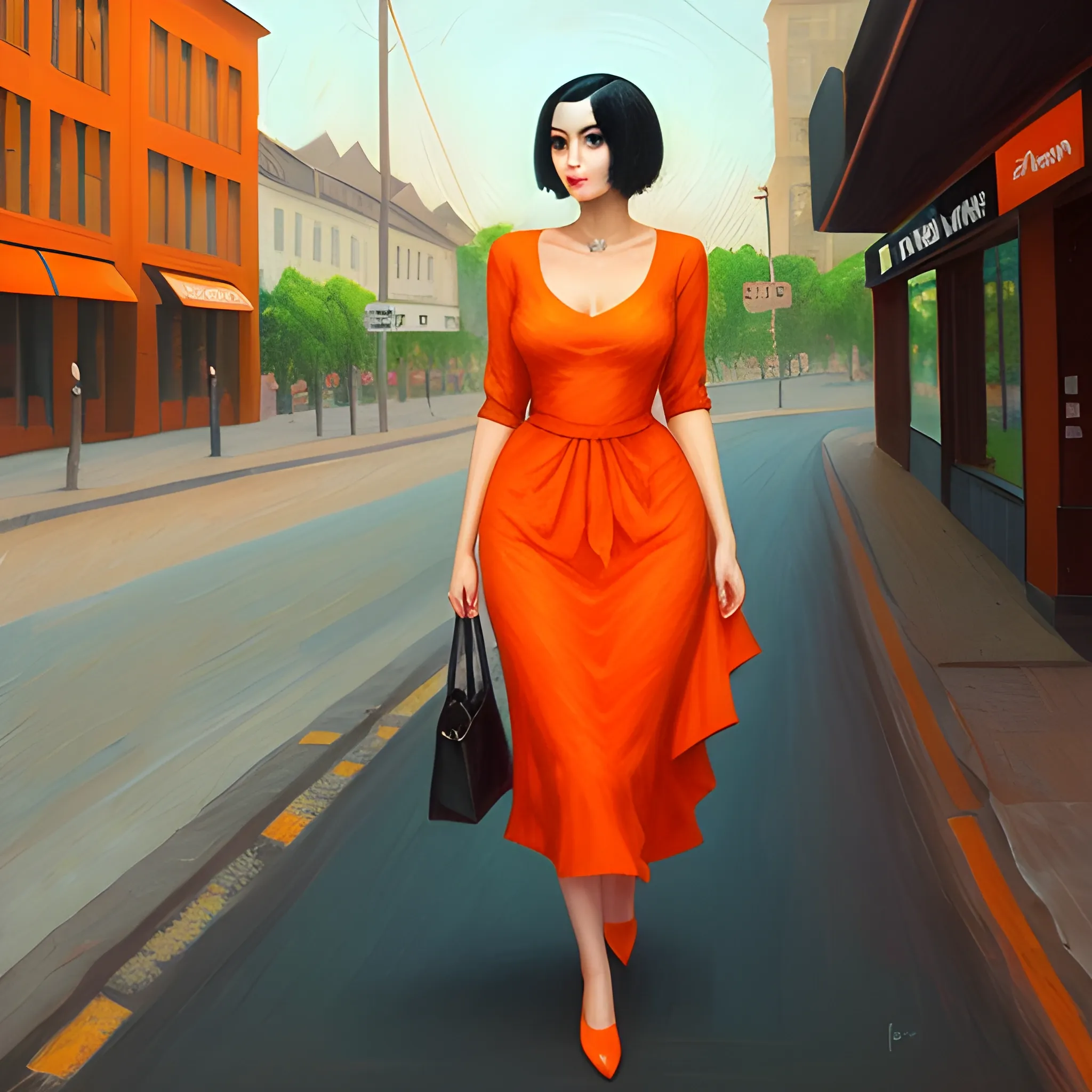 A 20-year-old young woman with short black hair, an innocent and beautiful face, wearing an orange long dress, walking on the street, oil painting style, Trippy