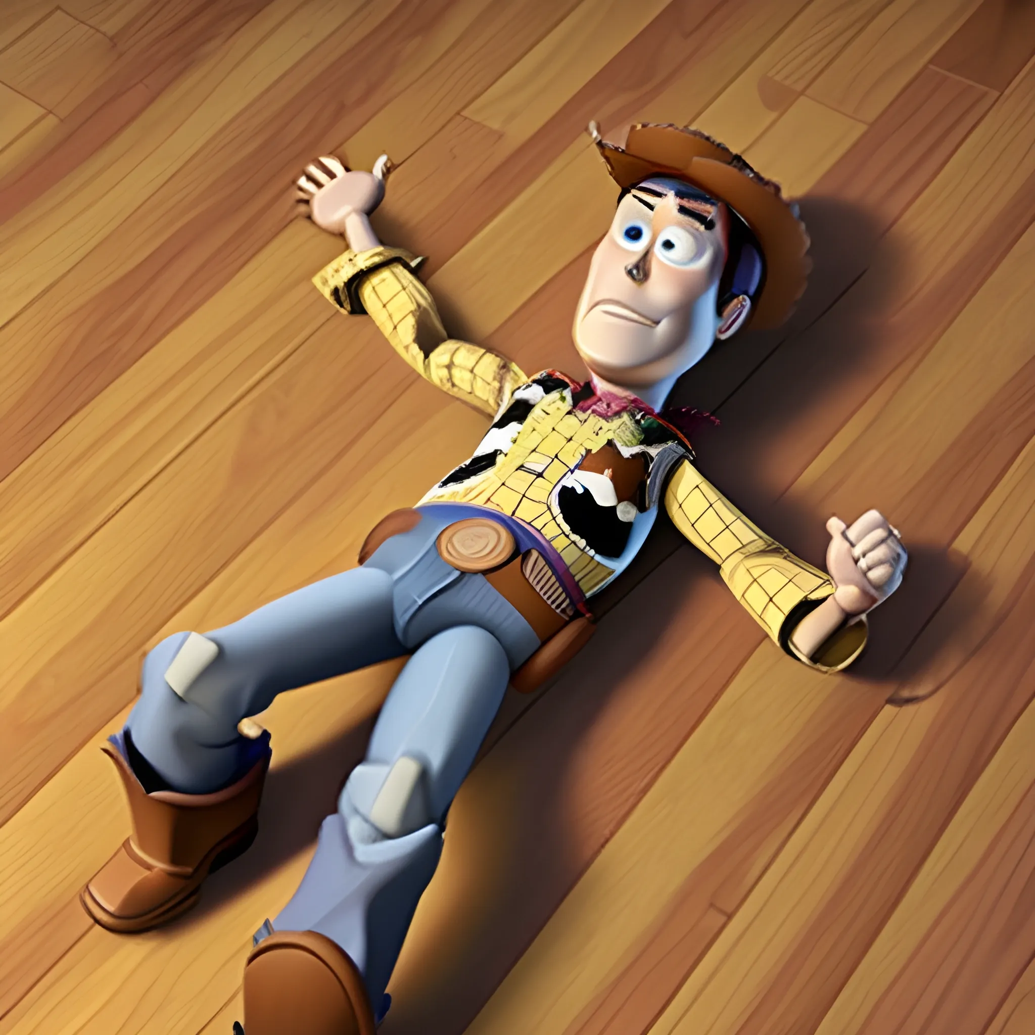 Woody from "Toy Story" lying dead in the floor. Top shot., Cartoon