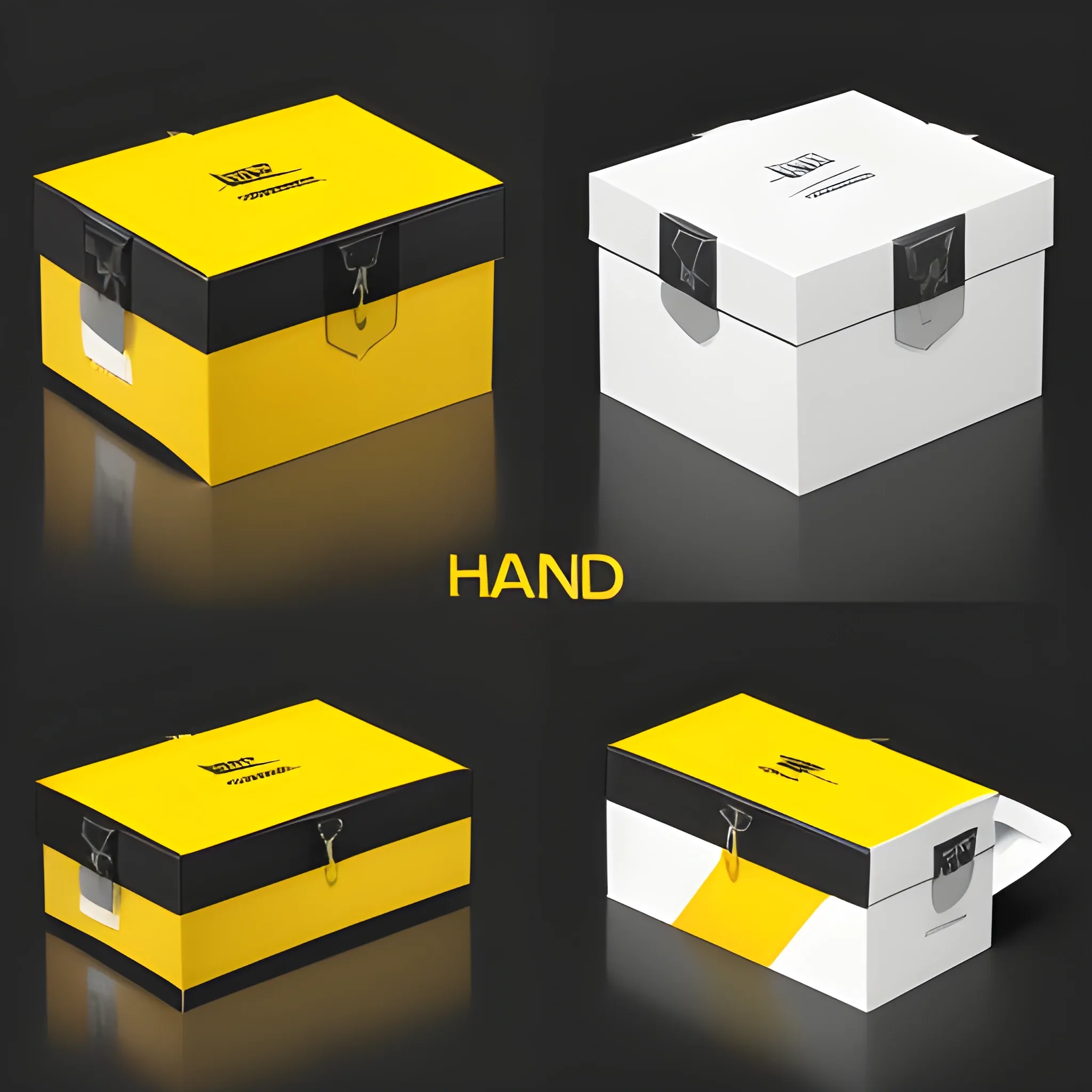 A refined and stylish packaging box design for 'HBK BAND' self-adhesive aluminum repair tape. The design should maintain the original logo with the red and black segmented layout, ensuring the yellow color in the logo is bright and not gold. The box should have a sleek black background. Place the 'HBK BAND' logo prominently at the top, preserving its exact form and colors. Use brand colors: bright yellow, red, black, and white throughout the design. Include clear, sharp text to highlight product features such as 'Flexible Aluminum of Latest Generation', 'Cold Application', and 'High Adhesion'. Display technical details like thickness, adhesion strength, and application temperature on the back of the box in a neat and readable format. The design should also feature an image of the aluminum tape roll, emphasizing its metallic texture. Ensure the overall design is elegant, modern, and suitable for retail shelves, with no blurriness in the text or graphics